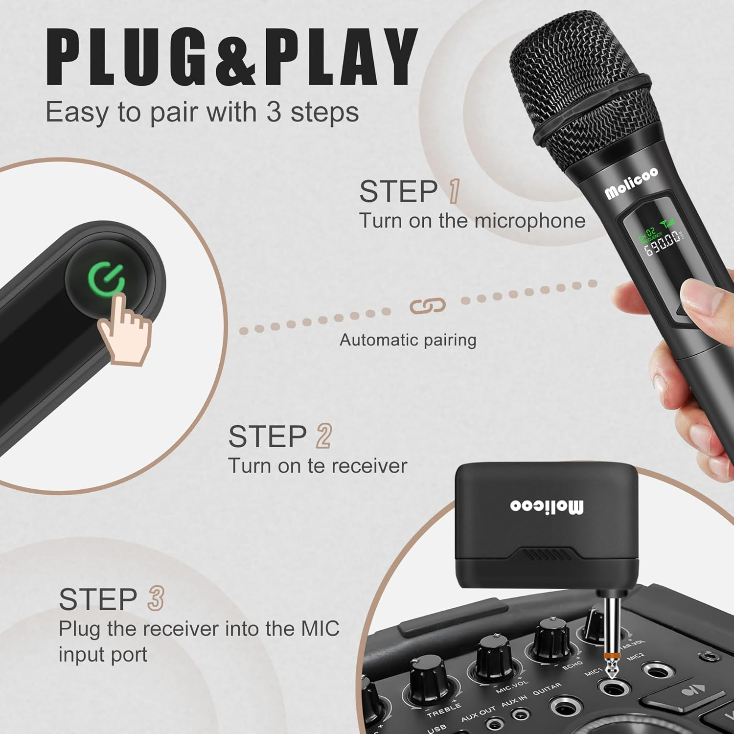 Wireless Microphone,Professional Handheld Wireless Dynamic Microphone System with Rechargeable Receiver 160 Ft,Karaoke Microphone Kit for Singing,Karaoke,Wedding,Dj,Party,Speech,Church,Pa,M50 image number 5