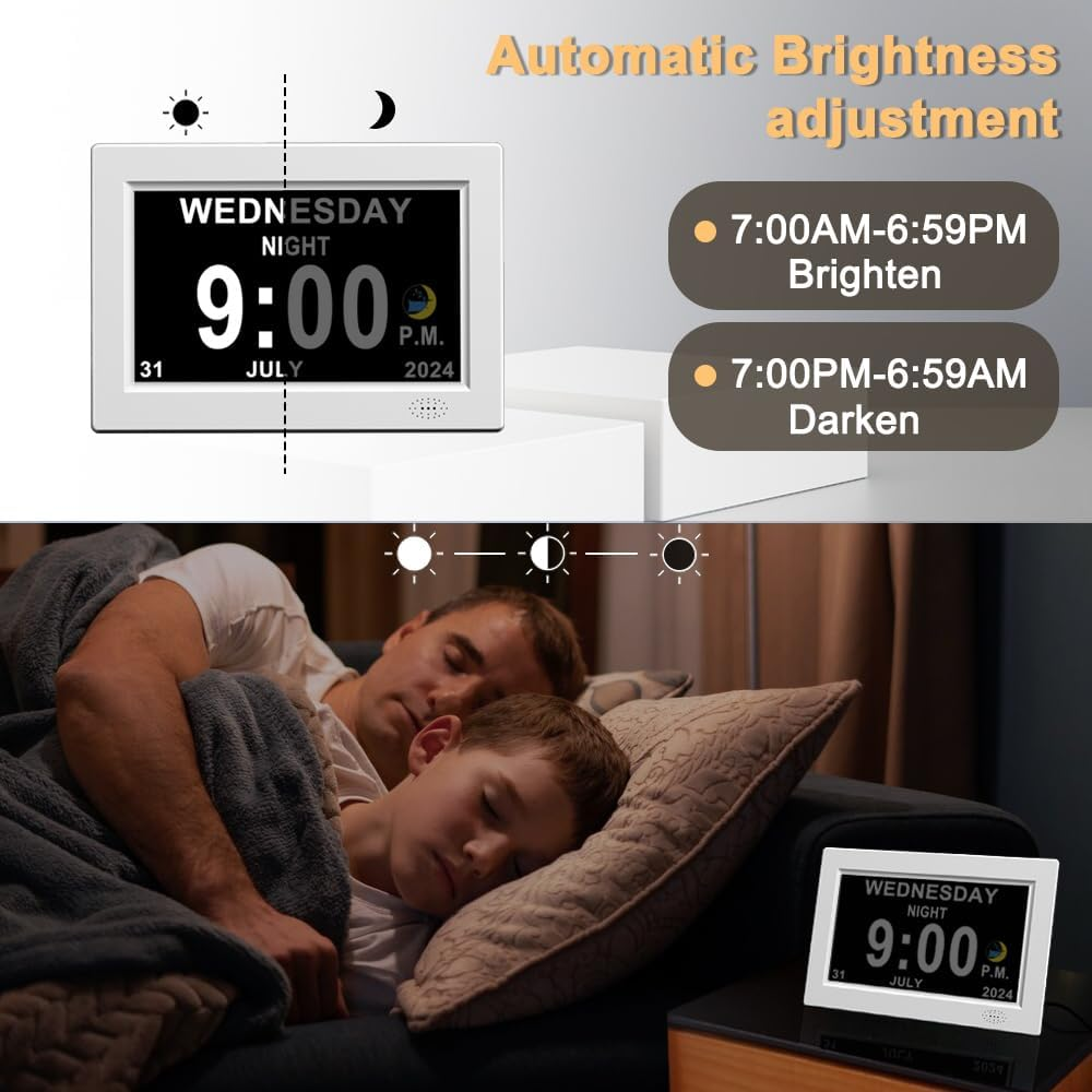 8 Inch Digital Alarm Clock with Date and Time for Elderly Extra Large Impaired Vision Calendar Clock Auto Dimmable Clock (8 Inch/White) image number 2