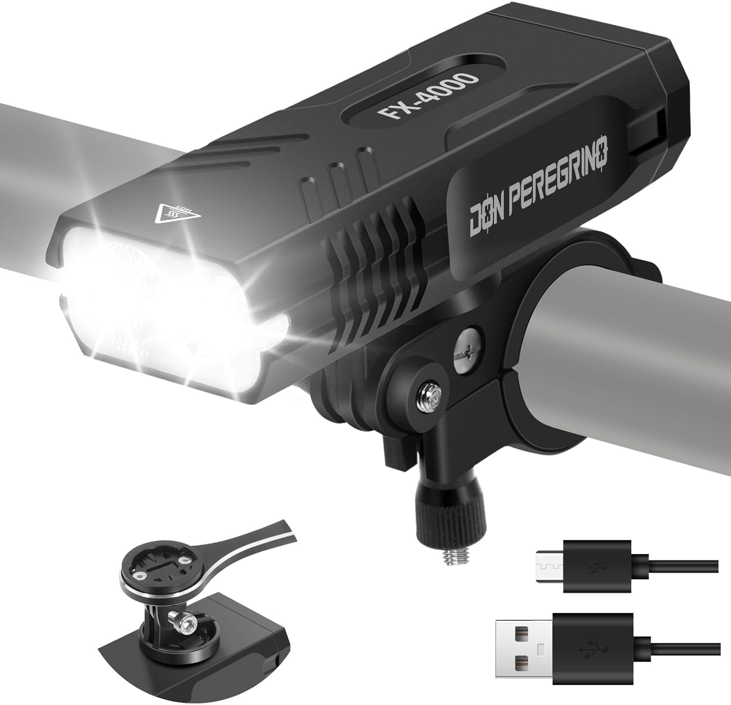 Bike Light Front 4000 Lumens &ndash; Aluminum Casing, IP65 Waterproof, USB-C Rechargeable, 6 Steady/Flash Modes, Quick Release Mount, DON PEREGRINO FX-4000 Bicycle Lights image number 3