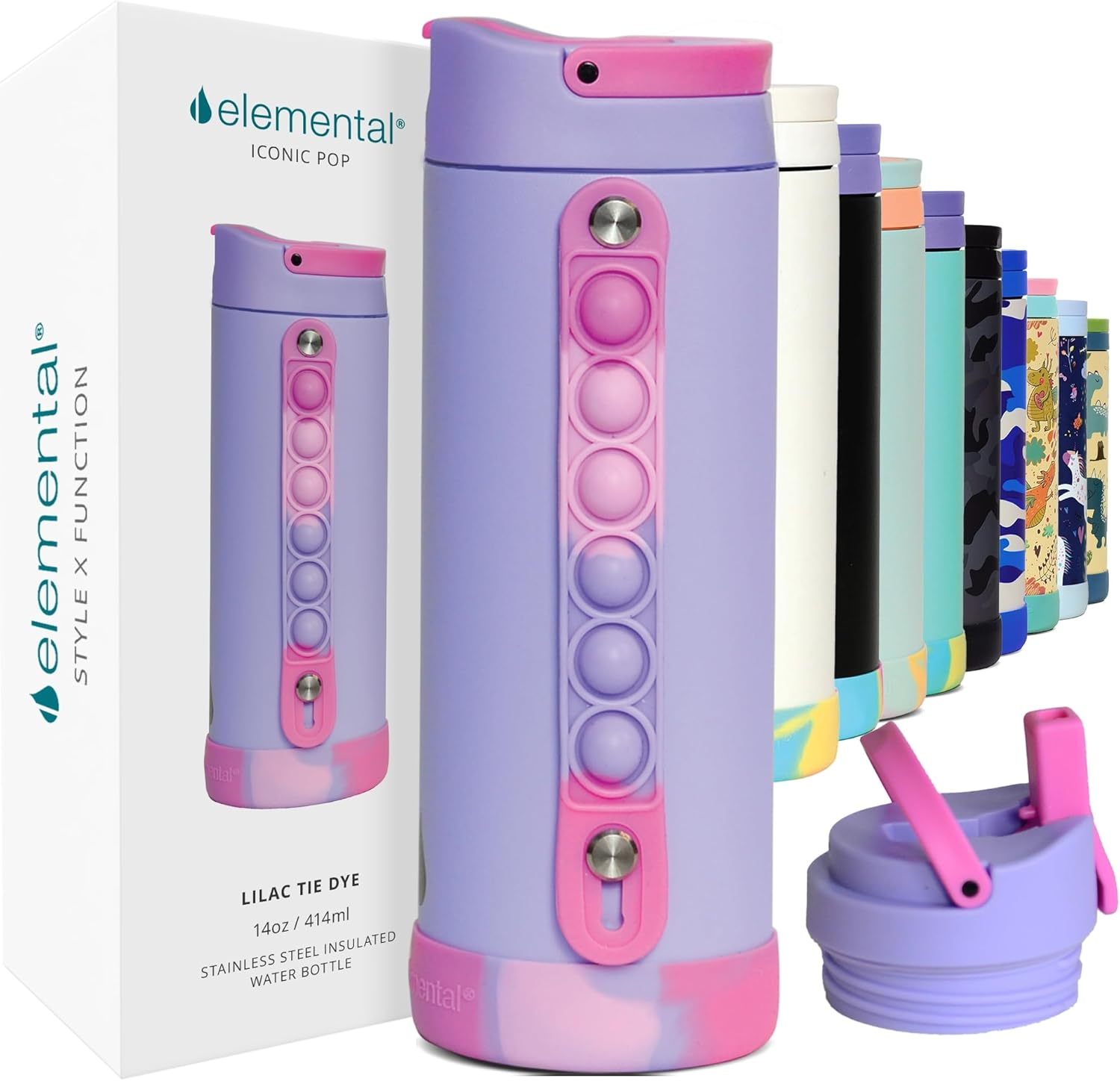 Elemental Iconic Kids Water Bottle - Leak Proof Insulated Water Bottle with Straw Lid & Stress Relief Pop It Handle - Stainless Steel Triple Wall Bottle for School, Bpa-Free, 414Ml - Lilac Tie Dye image number 6