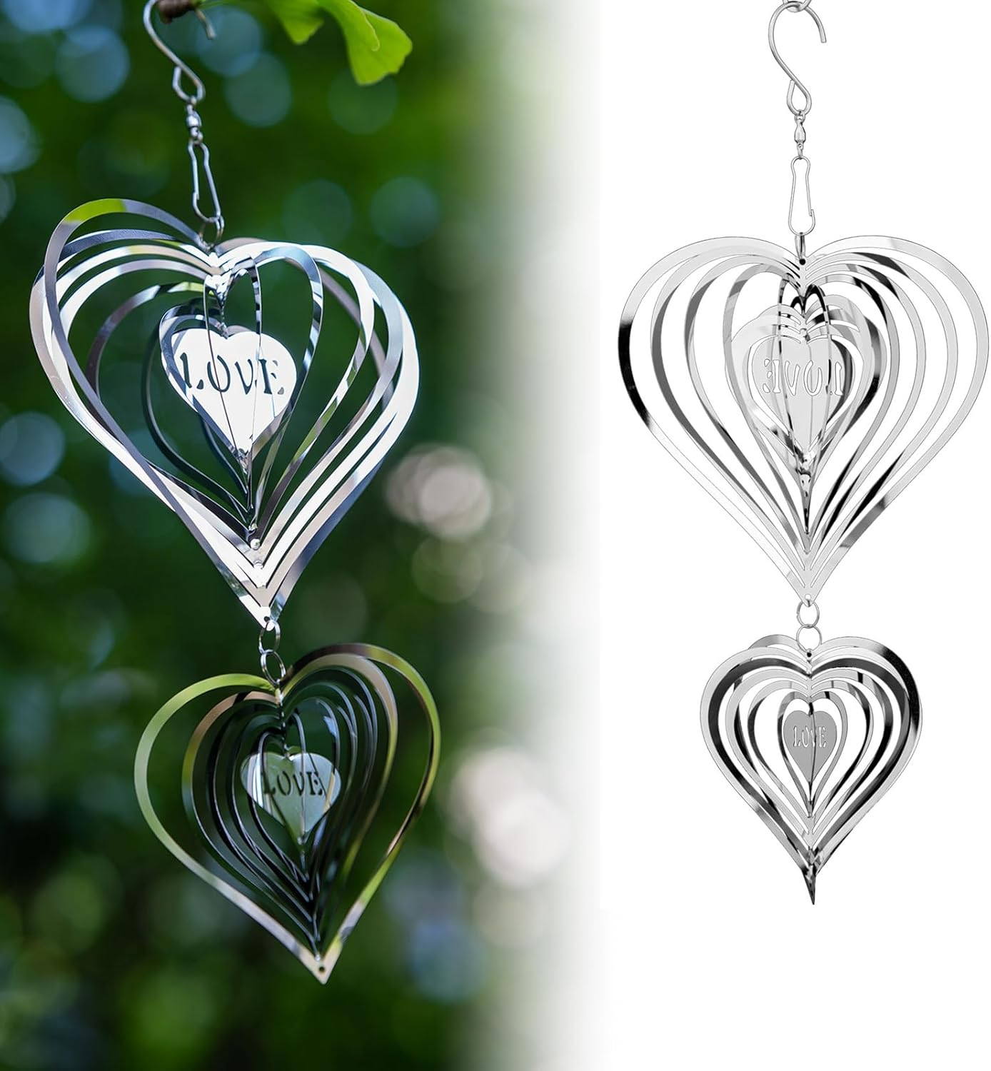 Stainless Steel Wind Spinner,3D Silver Indoor Outdoor Garden Decoration Crafts Ornaments,Metal Wind Chimes for outside Decor,Decorations to Scare Away Yard Birds (3Pcs-Heart)