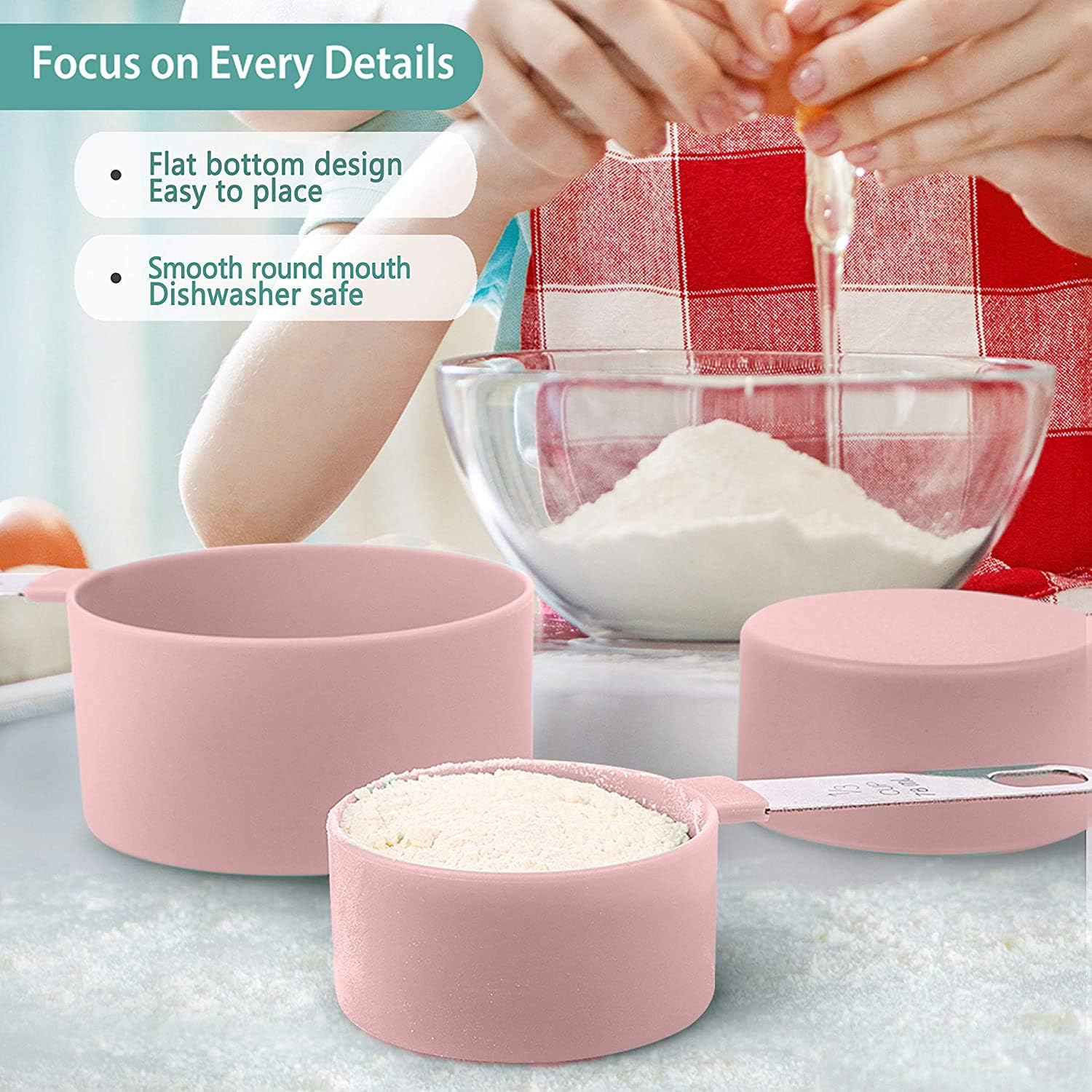 8 Pieces Measuring Cups and Spoons Set / Nesting Measuring Cups with Stainless Steel Handle / for Dry and Liquid Ingredient (Light Pink) - Light Pink image number 6