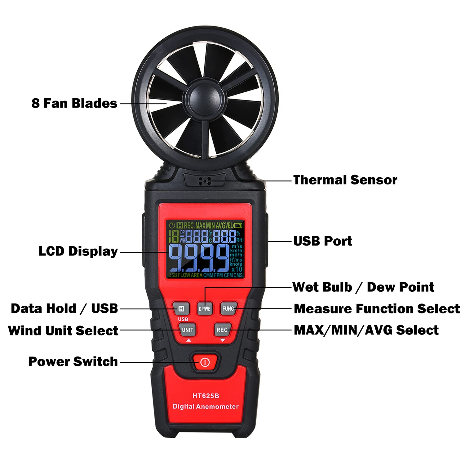 Handheld Anemometer Digital Wind Speed Meter with USB, LCD Color Display Measures Wind Speed Humidity Temperature, Air Flow Volume, Dew Point Temperature for HVAC Vents, Boat Sailing, Shooting HT625B image number 3