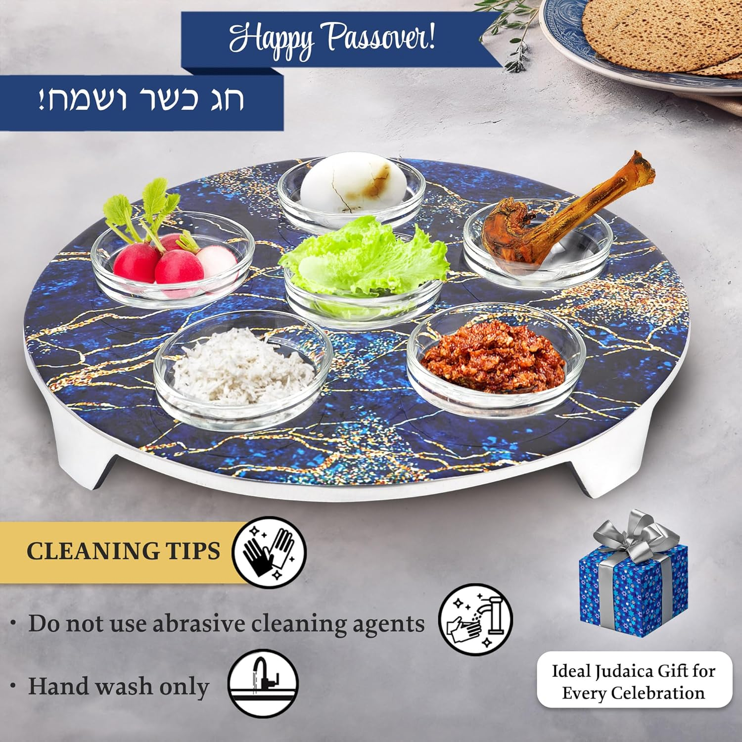 Zion Judaica Decorative Passover Seder Plate Artistic Blue and Gold Marble Decal Passover Seder Tray with 6 Glass Liners Marked with Seder Symbolic Seder Foods Pesach Dishware image number 3