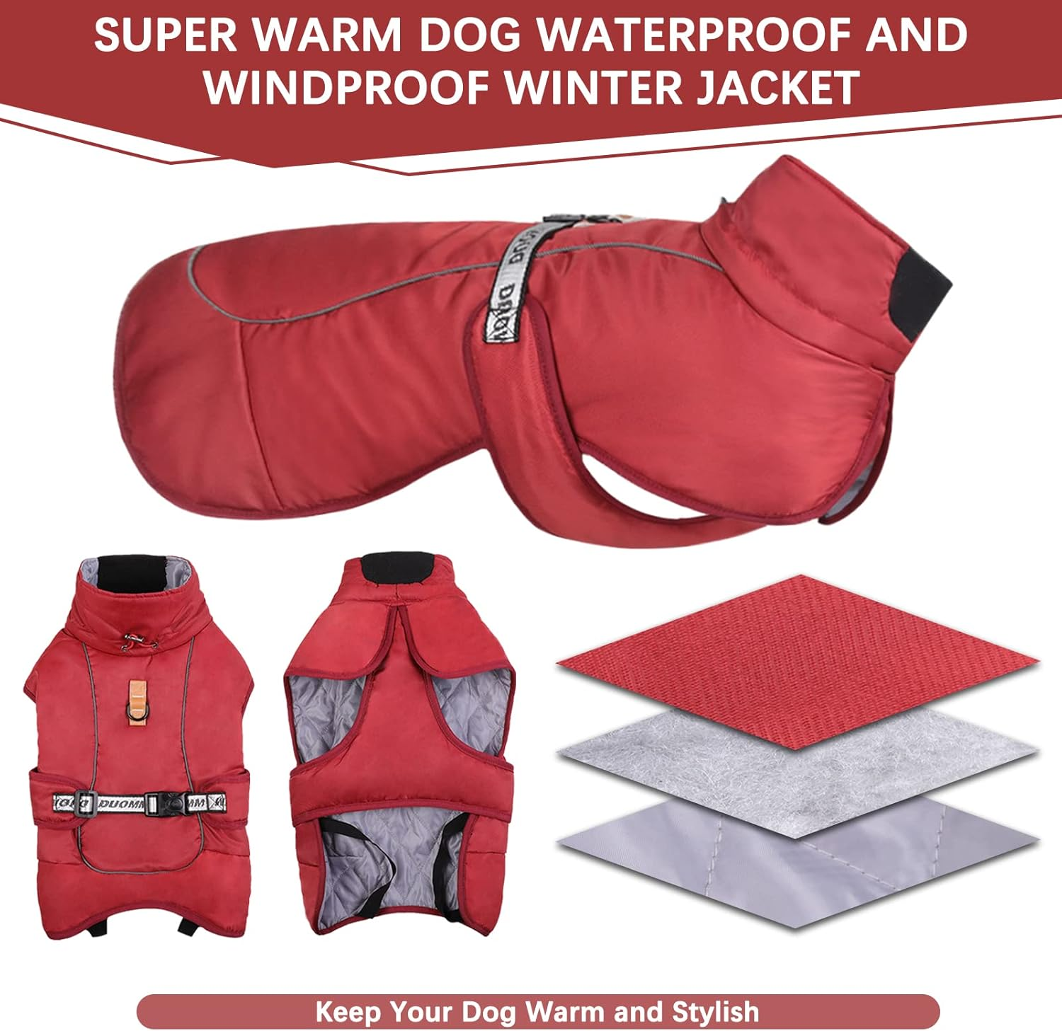 ROZKITCH Extra Warm Dog Coat Reflective Adjustable Dog Jacket Dog Winter Coat with Buckle Fleece Turtleneck Dog Jacket for Cold Weather Soft Winter Coat for Small Medium Extra Large Dogs image number 5