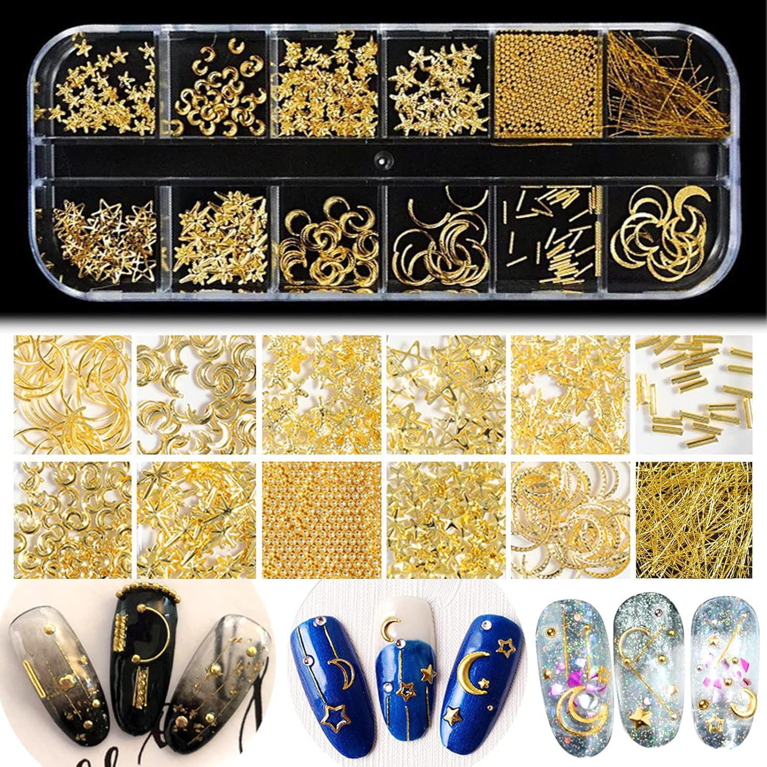 BDSHUNBF 1400 Piece Nail Art Rhinestones Set, Gold Glitter Stones Nail Art, Crystal Nail Stones Set, Stars Moon Nail Art Charms, for Nails DIY, with Tweezers and Drill Pen image number 3