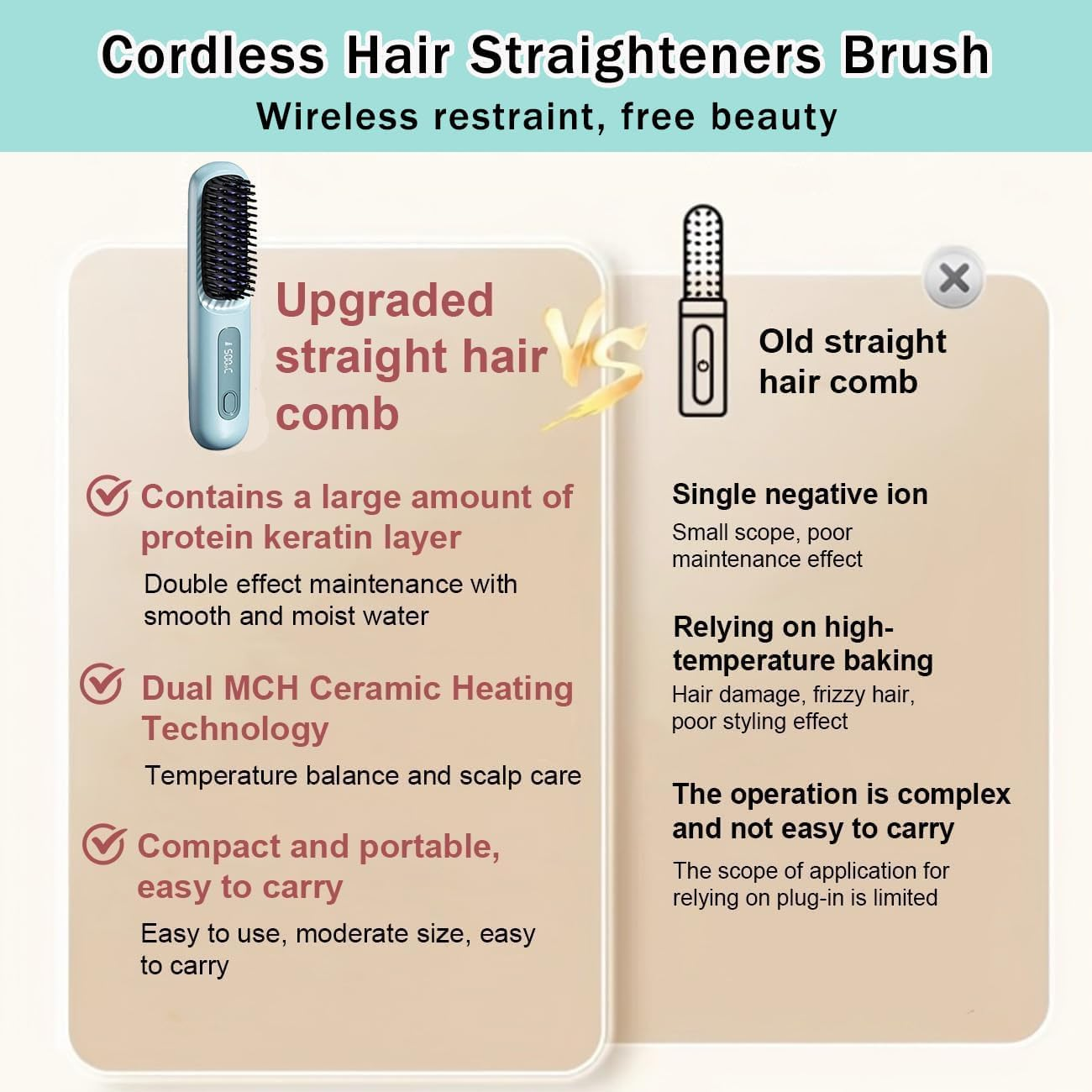 Portable Straightener Brush, Fast Heating Cordless Mini Hair Wave, Portable Mini Hot Comb with Negative Ions Smoother for Fast Heating Professional Salon at Home (Blue) image number 5