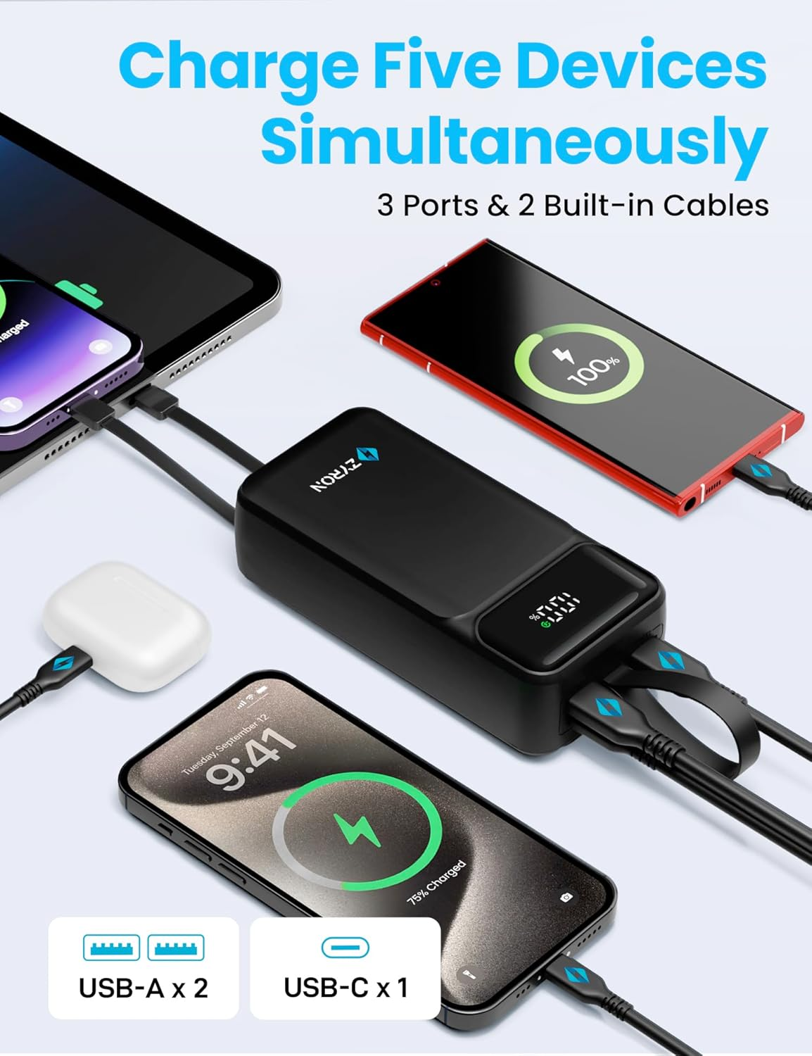 ZYRON 27000Mah Power Bank, 22.5W Dual USB-C Portable Charger with Built in Cables, Fast Charging PD3.0 QC3.0, LED Display, High Capacity 20W Powerbank for Iphone 16 S24 Xiaomi Pixel Switch Ipad, Black image number 5