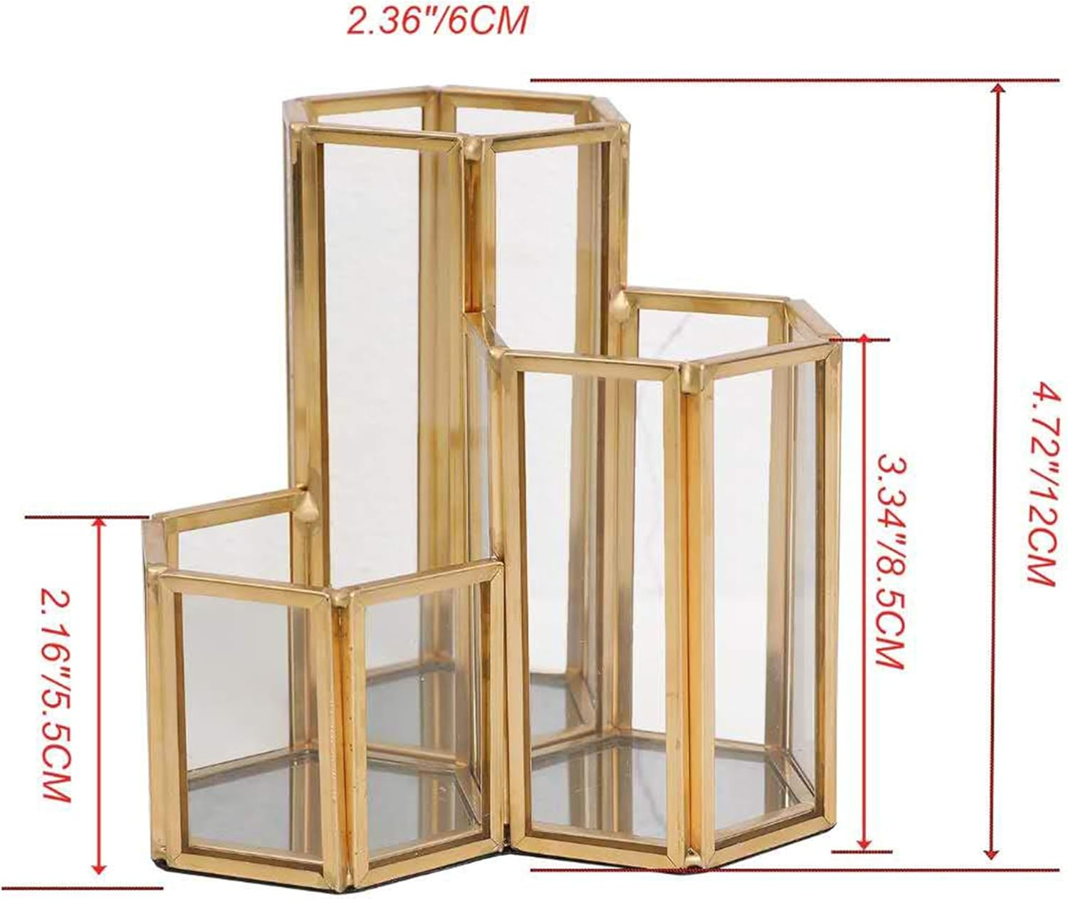 3 Compartment Gold Hexagon Glass Holder - Multipurpose Organizer for Makeup Brushes, Eyeliners & Desk Supplies | Decorative Vanity & Office Accessory image number 6