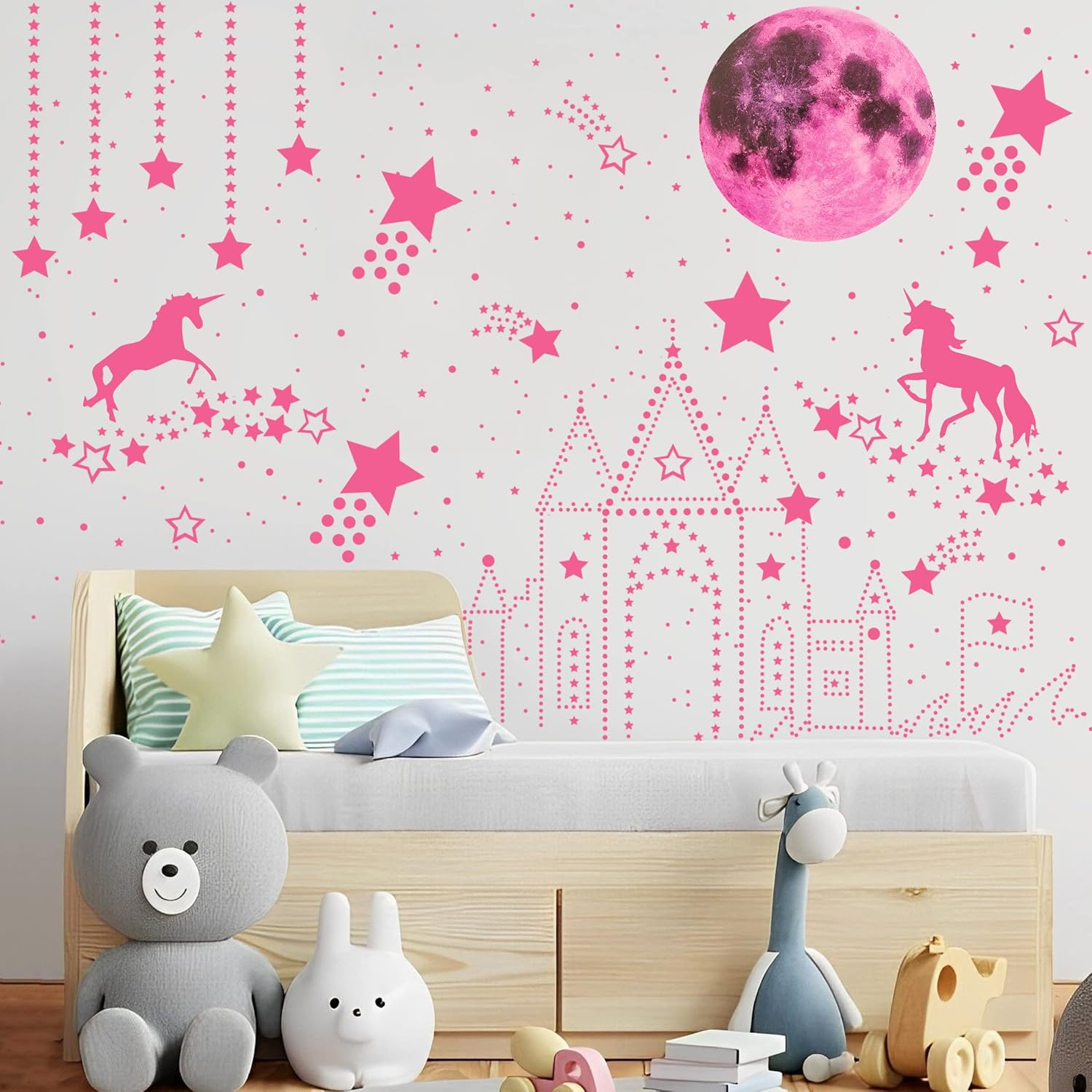 Glow in the Dark Unicorn Wall Decals for Girls Room, Luminous Moon and Stars for Ceiling, Fairy Stickers Wall Decor for Kids Bedroom Birthday Party(Pink) image number 2