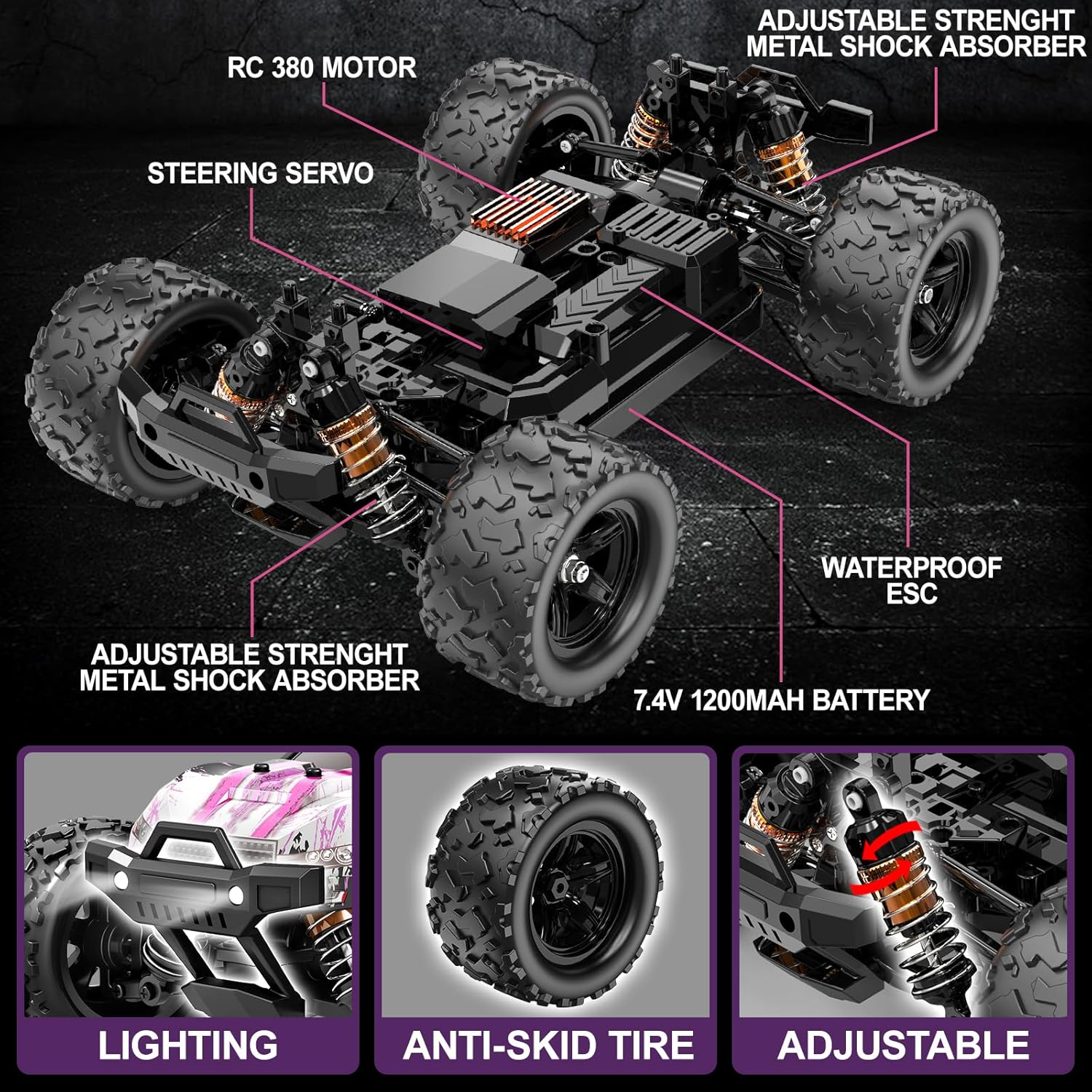 Pink Remote Control Car for Girls, 1:18 Fast Rc Cars for Girls with 40+ KM/H 4WD Off-Road Rc Truck, Includes 2 Rechargeable Batteries, 8 9 10 11 12 13 Year Old Girl Gifts image number 2