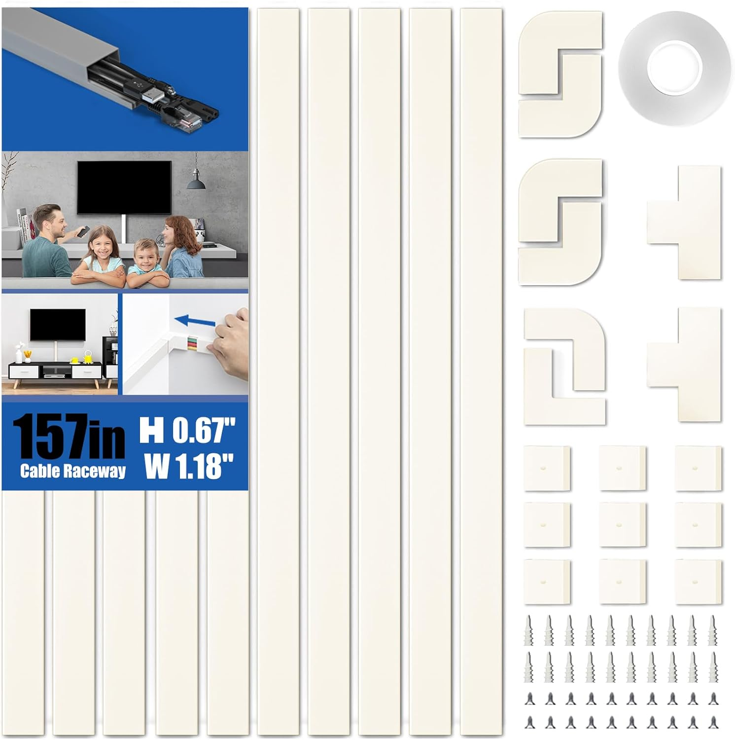 Delamu Cord Hider, 157In Wire Covers for Cords on Wall, Premium Cable Hider Cord Covers for Wires, Cable Management Wire Hiders for TV, Cable Raceway Kit, 10X L15.7X W0.95X H0.55In, White