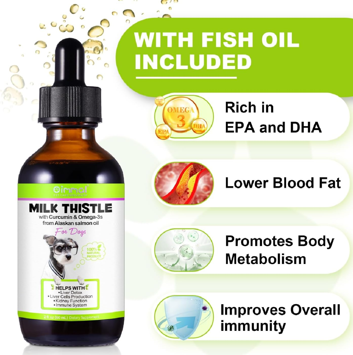 Milk Thistle for Dogs &ndash; Liver & Kidney Support Supplement with Curcumin, Salmon Oil, Omega-3 EPA & DHA &ndash; Organic Liquid Drops for Detox, Immune Health &ndash; 60Ml image number 2