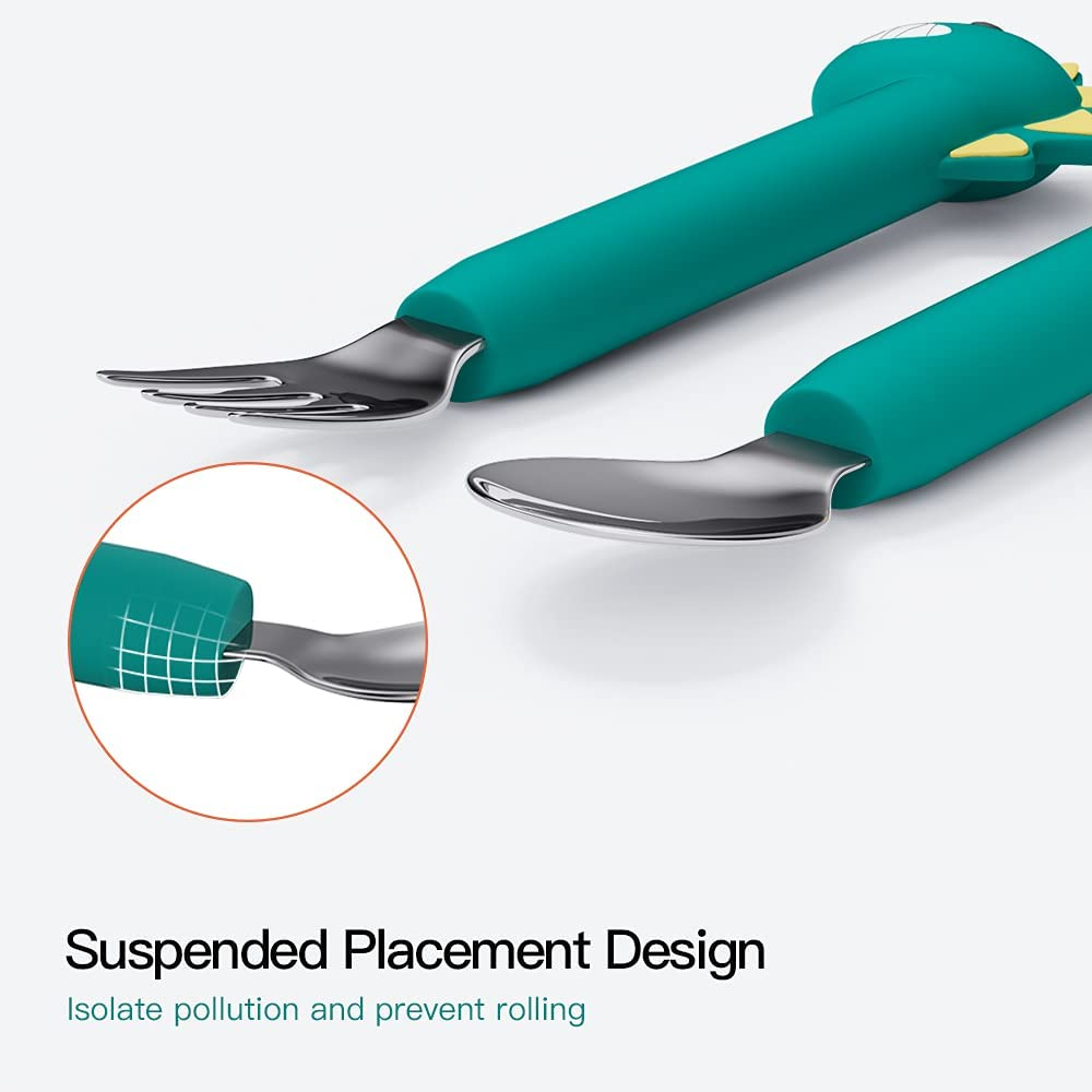 SFCCMM Baby Forks and Spoons Set Baby Training Utensils Self Feeding Toddler Silverware Silicone and Stainless Steel Kids and Toddler Utensil (Green Dinosaur - Long) - Pink Dinosaur - Long image number 7