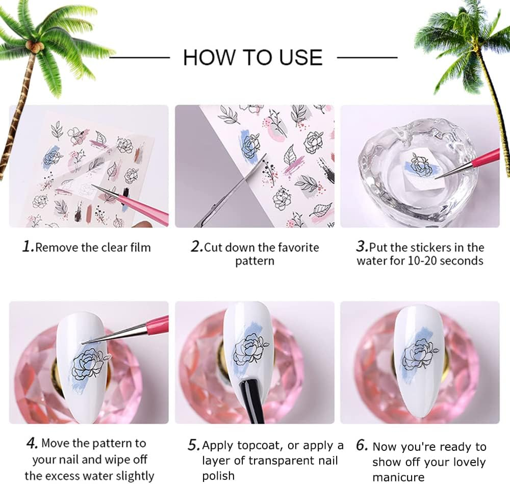 Summer Nail Stickers Coconut Palm Tree Nail Art Tropical Water Transfer Nail Decals 12 Sheets Beach Ocean 3D DIY Manicure Design Decor for Women Girl image number 2