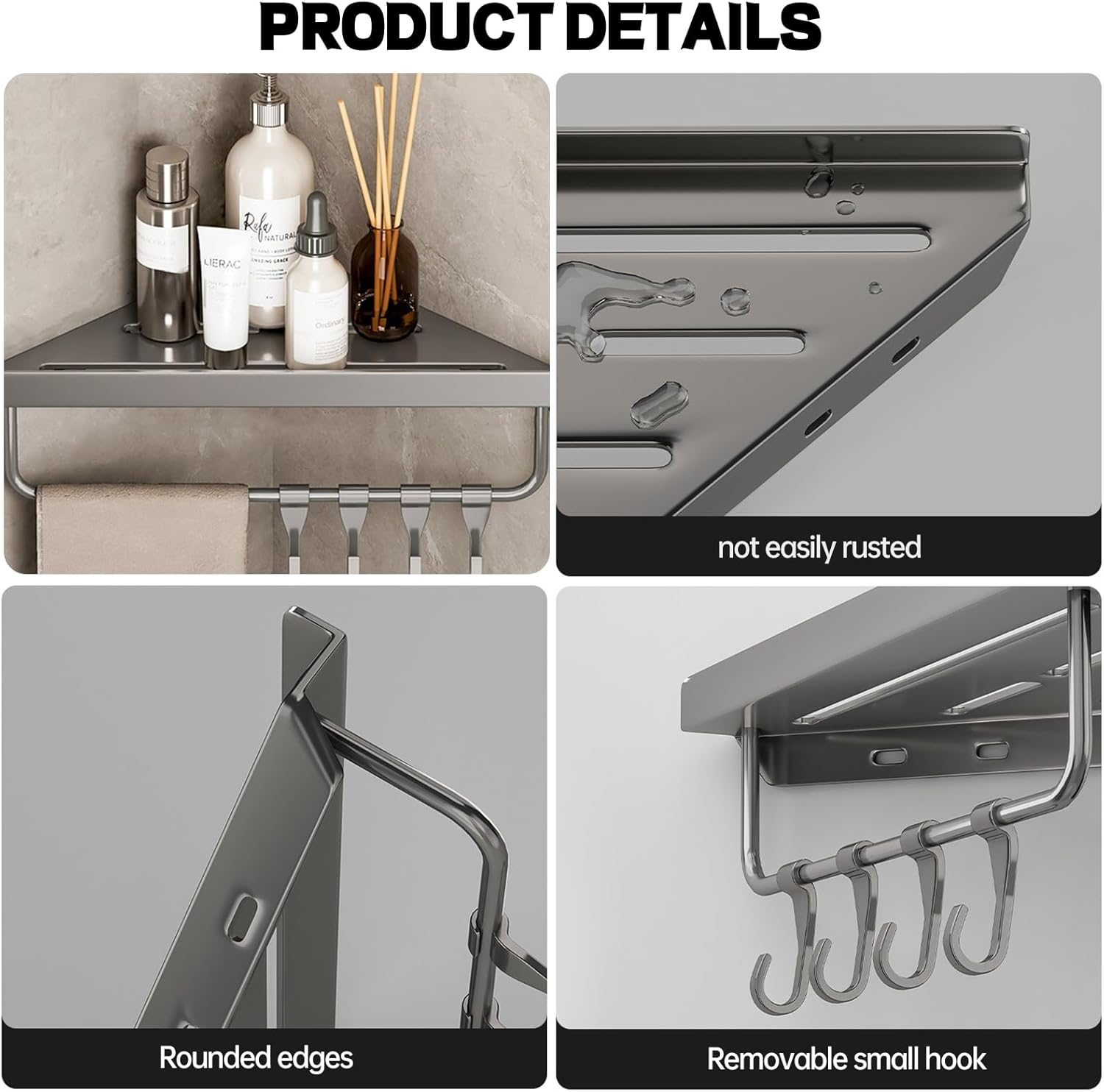 Biluer Shower Caddy, Shower Shelf No Drilling Bathroom Shelves Stainless Steel Caddy Corner Shelf Bathroom Wall Storage Corner Wall Storage Organisation image number 3