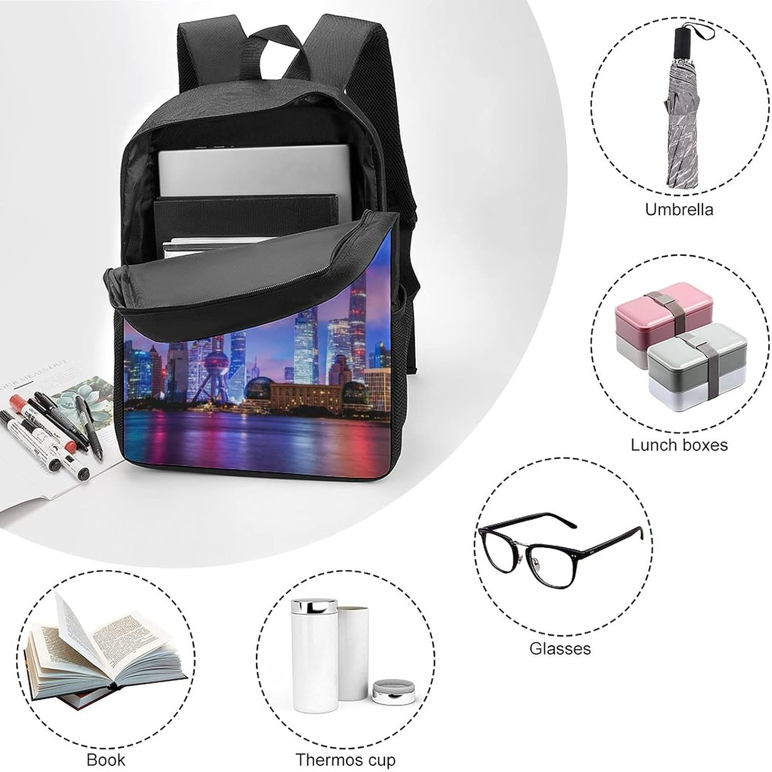 Cute Waterproof Lightweight Childrens Students Bags Backpacks Print Prague Czech Republic City Landscape Fog for Christmas Gi - Black-Style-3 image number 3