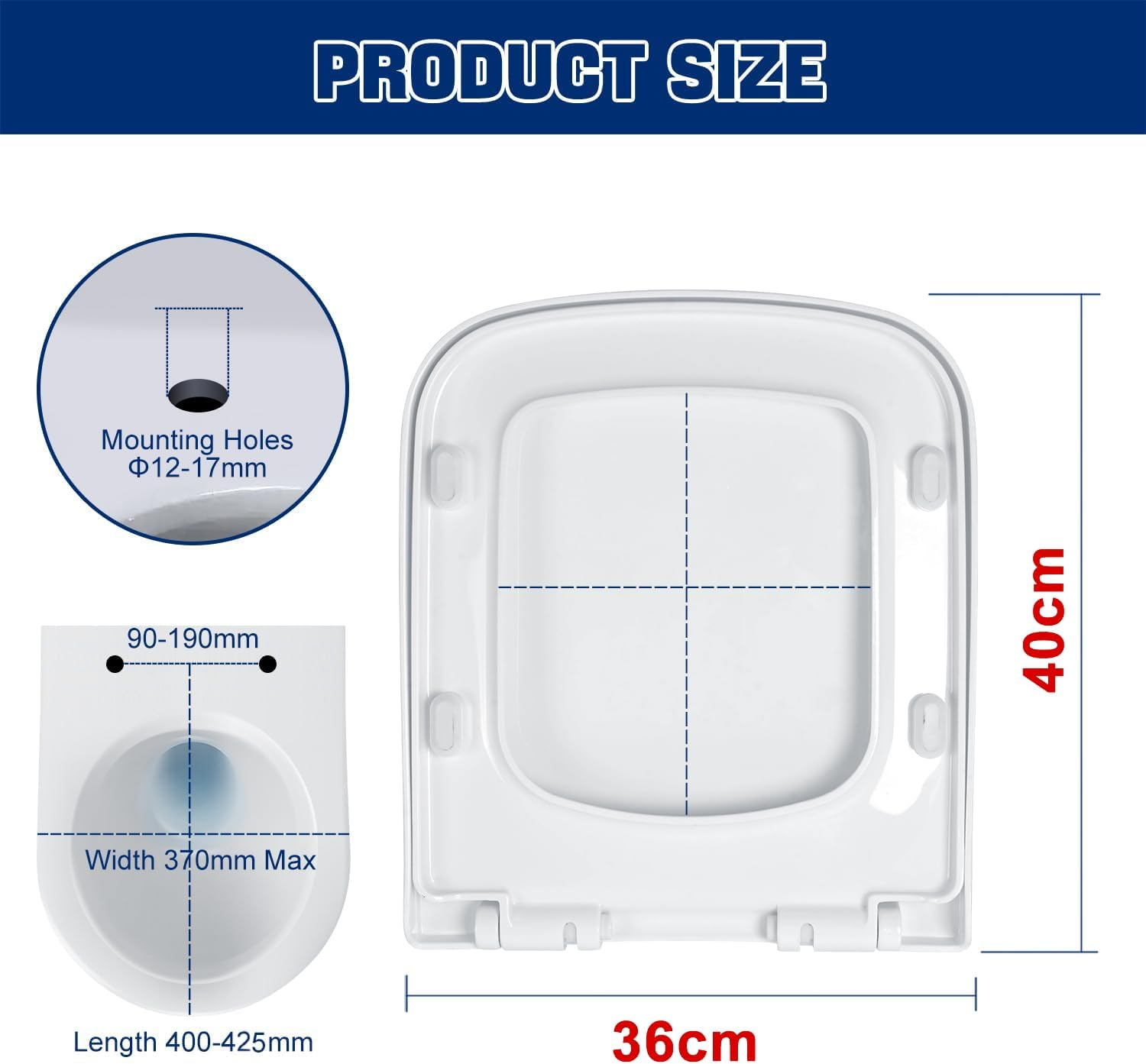 Mass Dynamic Square Toilet Seat- with Soft Close & Quick Release for Easy Cleaning, Universal Toilet Seat for Square Shaped Toilet Pans, Top Fixing Easy Installation (40.0Cm L X 36Cm W), White image number 3