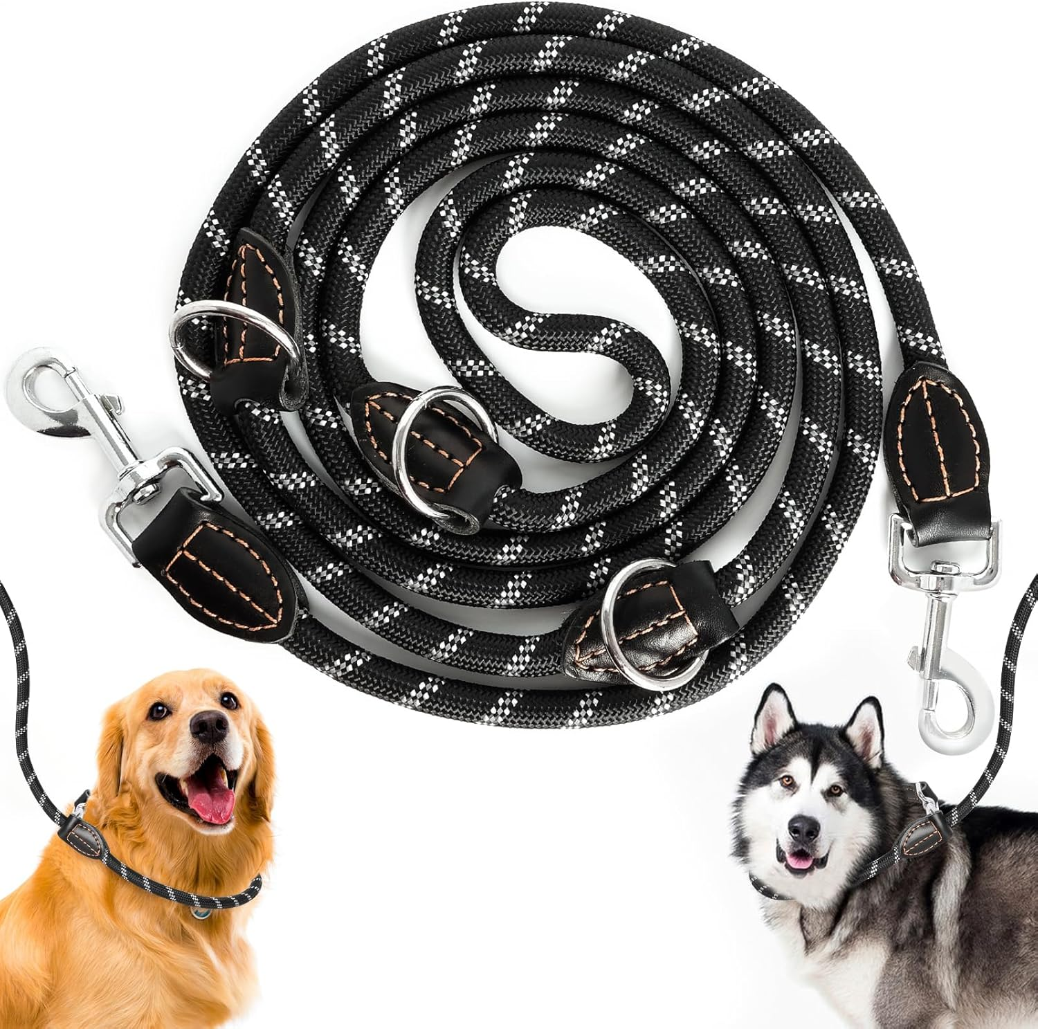 Dog Lead for Large and Medium Dogs, Adjustable Dog Lead 3 M with Reflective Strips, Nylon Double Lead, Thickened Free Leads with 2 Carabiners Thanks to the Extreme Force up to 200 Kg, Black image number 3