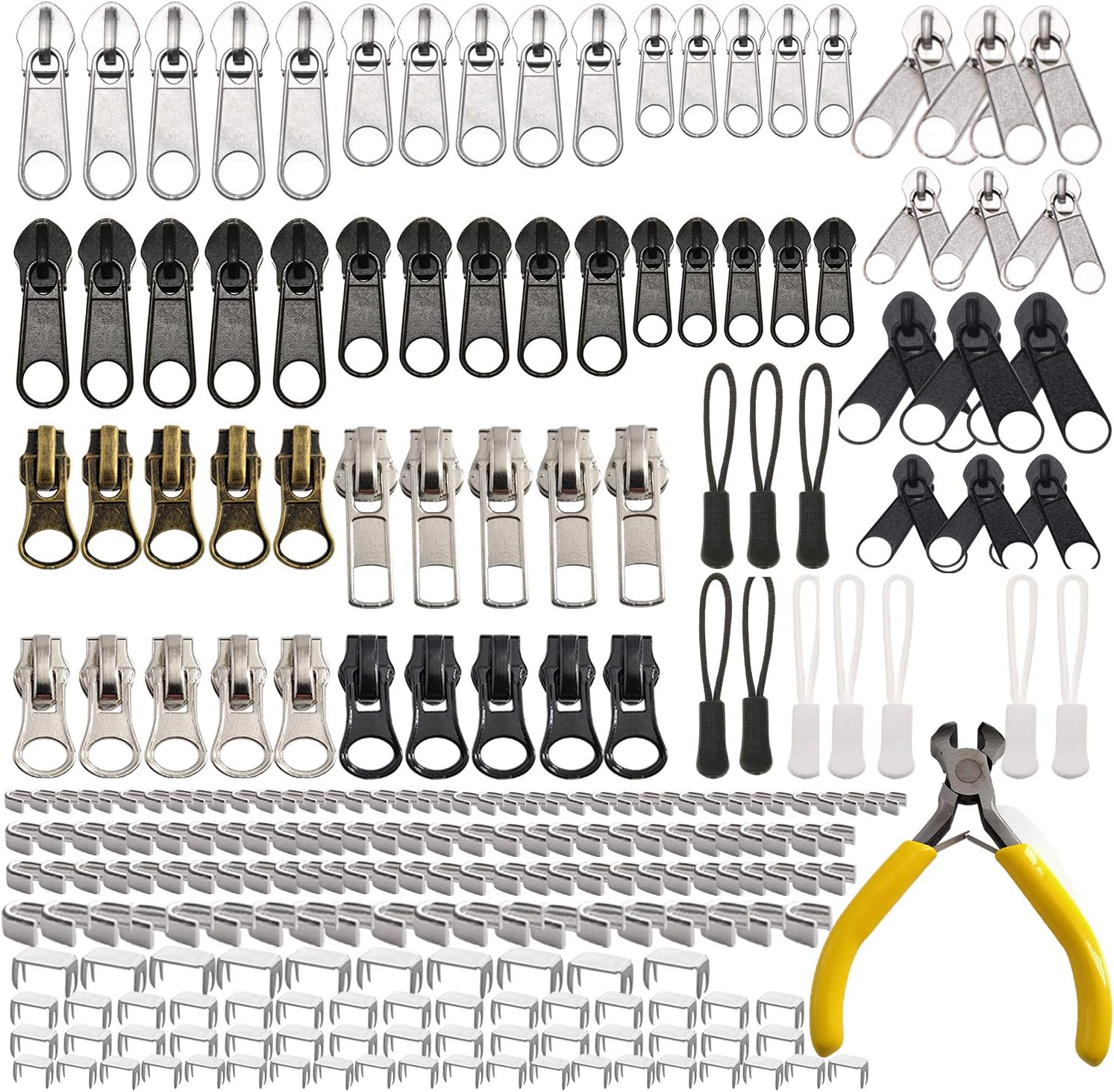 Meikeer 252 Pieces Zipper Repair Kit Zipper + Zipper Pulls + Installation Tools for Bags Tents Luggage Sleeping Bag Jacket Outdoor image number 1