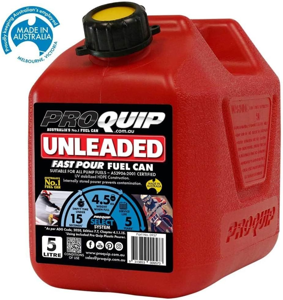Pro Quip Plastic Unleaded Fast Pour Fuel Can, 5 Litre Capacity, Red