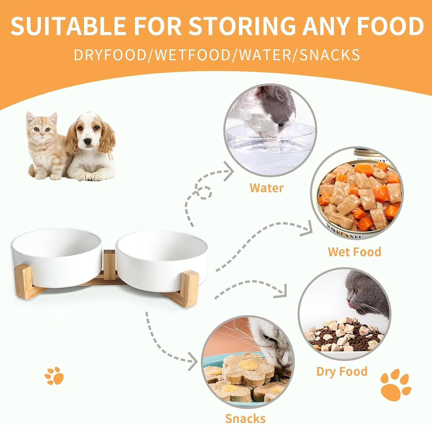 Ceramic Cat Bowl,Small Dog Food Bowl,With Wood Stand Non-Slip,Double White Bowls,Ceramic Bowl for Food and Water (800Ml/27Oz) image number 5