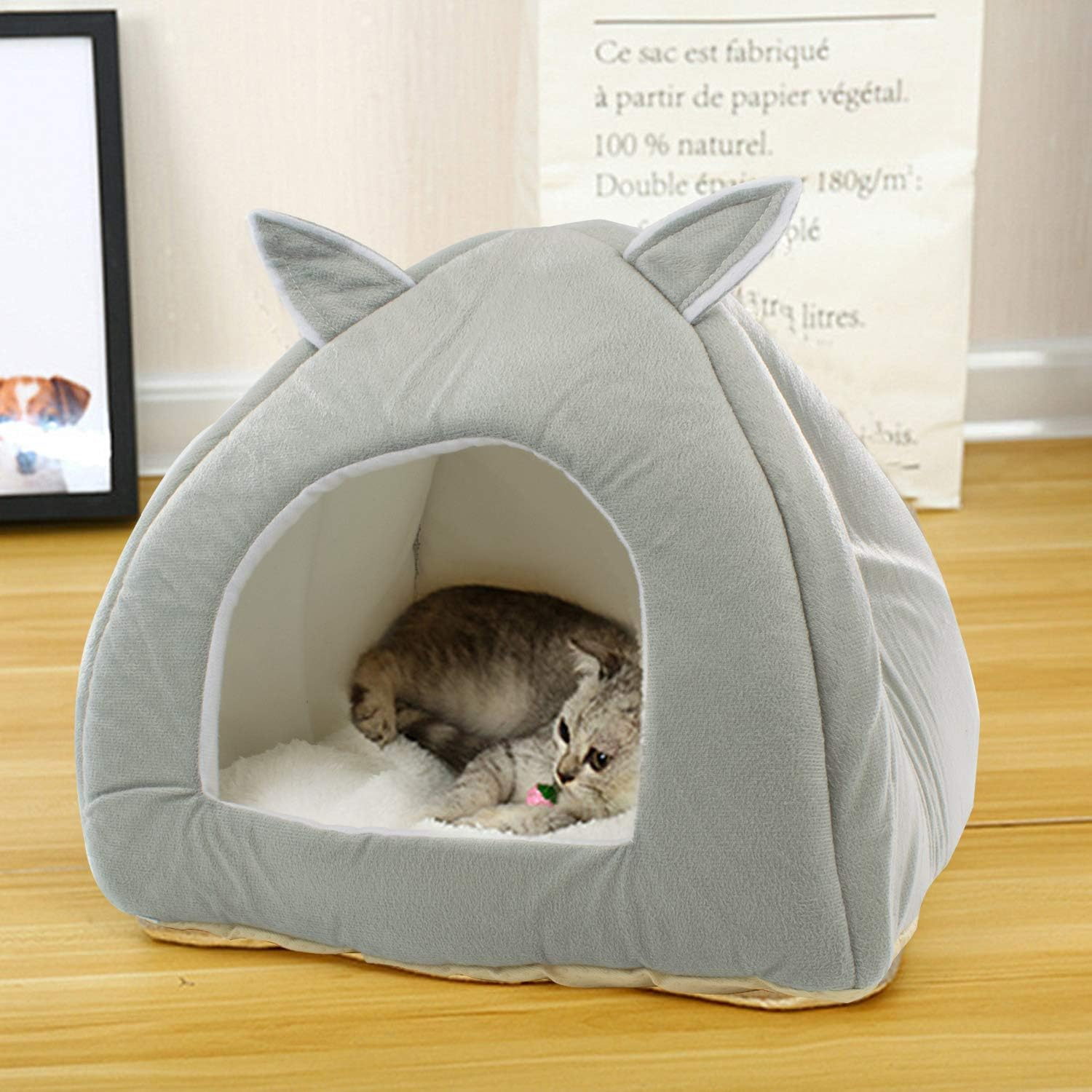DIGIFLEX Grey Teddy Bear Style Pet Tent Bed, Kitten Bed &ndash; Fleece Soft Self Warming Washable Cat Bed - Ideal for Cats and Kittens &ndash; Soft & Comfortable Cat Bed Hut - 36 X 36 X 40Cm image number 1