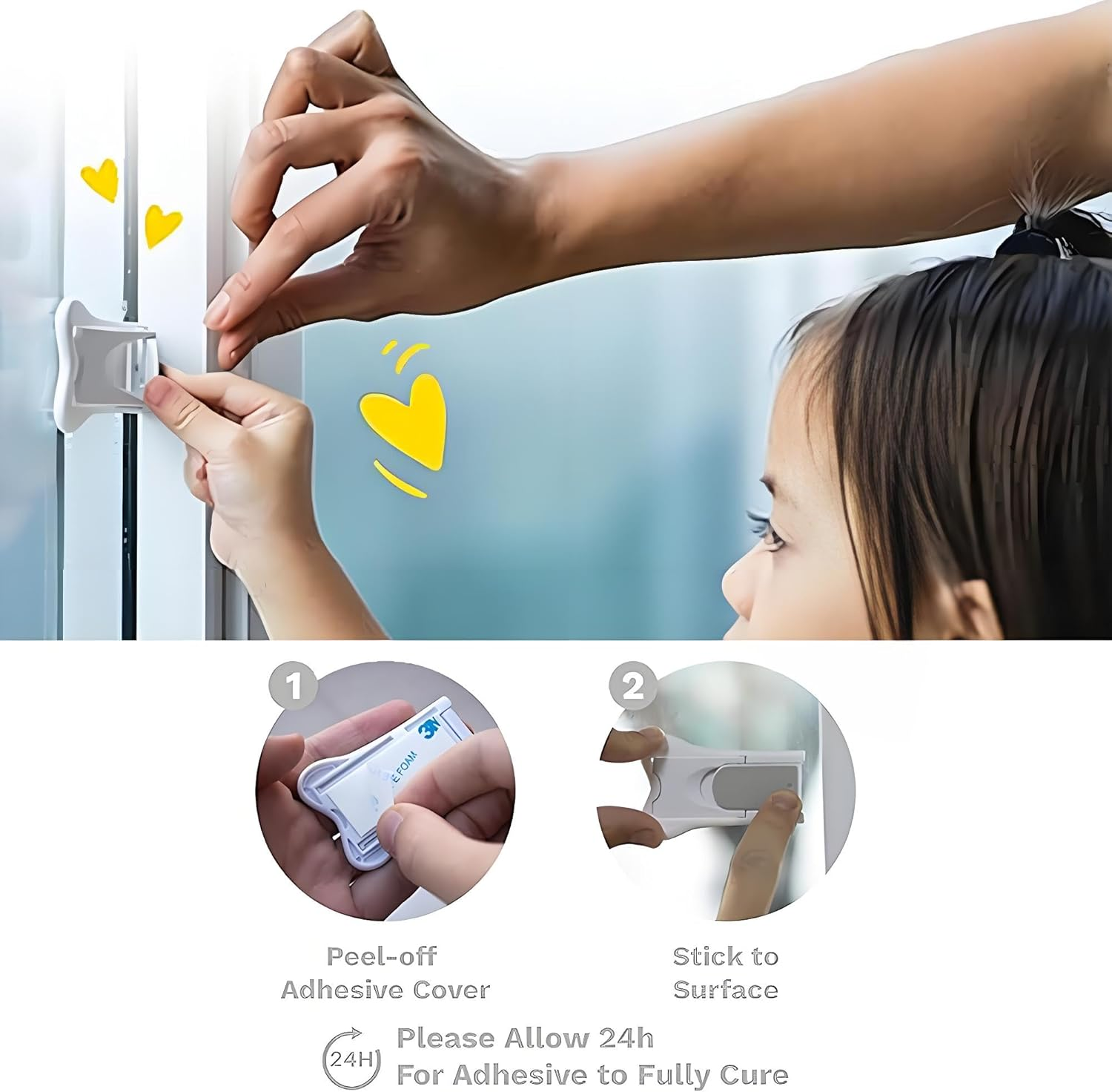 Sliding Door Lock for Safety, 4 Pack No Drill Adhesive Security Latches for Sliding Glass Doors Cabinets and Windows image number 5