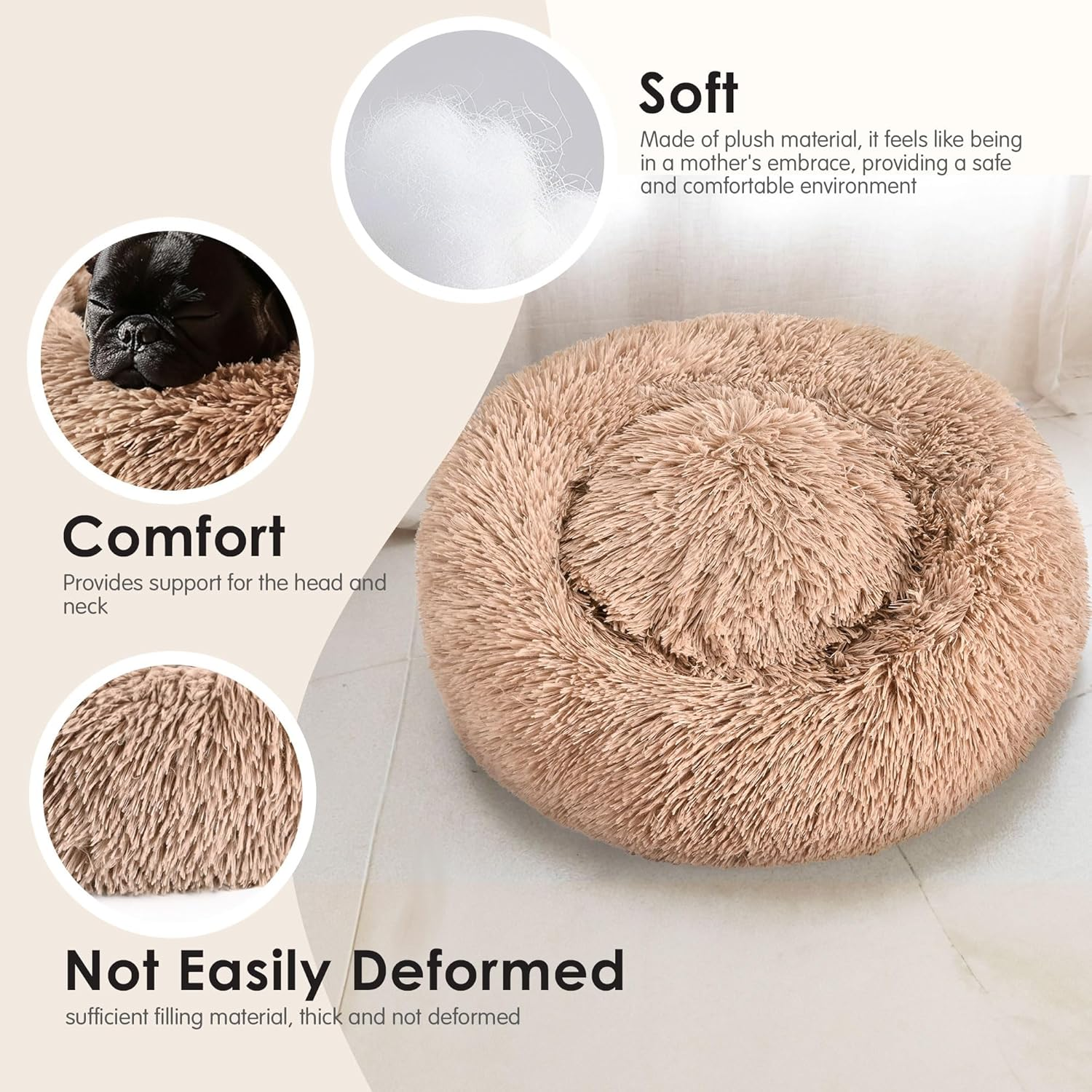 Wndy'S Dream Dog Bed, Dog Calming Donut Bed, Anti-Anxiety Pet Bed, Fluffy Donut Cushion for Small and Medium Dogs and Cats, Washable Soft Pet Puppy round Bed with Anti-Slip Mute Base (Coffee 70Cm) image number 4