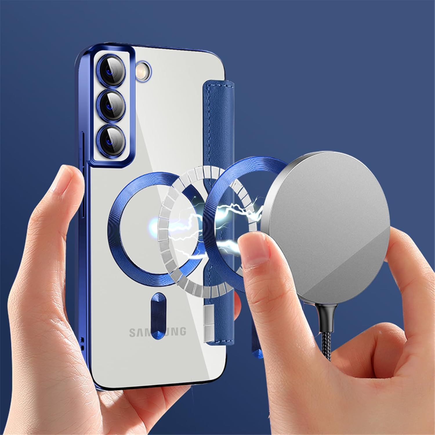 IMEIKONST Magnetic Case for Samsung Galaxy S23 plus Compatible with Magsafe, Premium PU Leather Flip Card Holder, Clear Shockproof Protective Mobile Phone Case for Samsung S23 Plus. Dark Blue JDCX image number 5