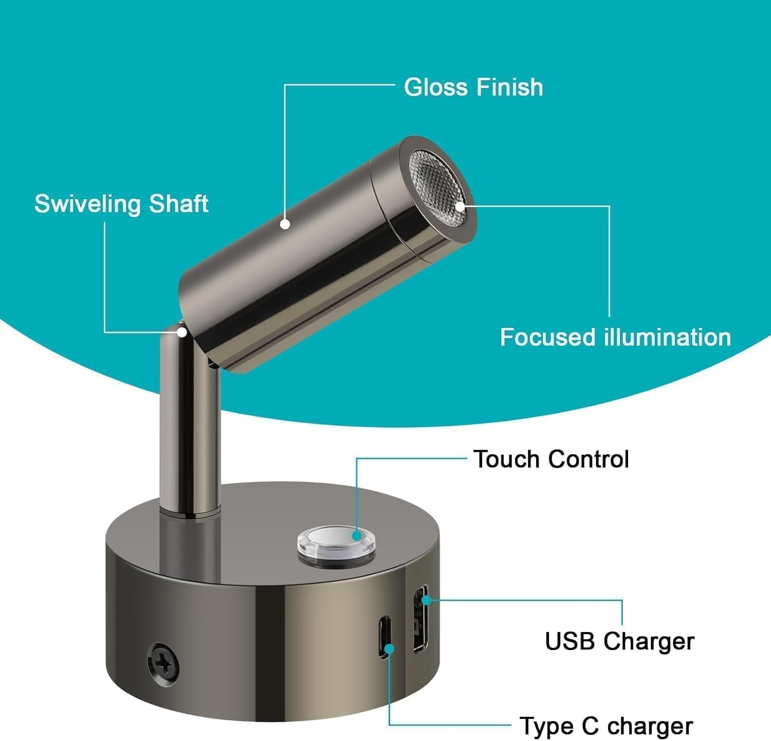 ERWEY 12 V Reading Lamp Motorhome, LED Wall Light, Bed Lamp with Switch, Touch, Dimmable, 3000 K - 6000 K, DC 12 V-24 V Spot RV Lighting with USB A+C Connections for Boat, Car, Camper, Van (Gloss image number 3