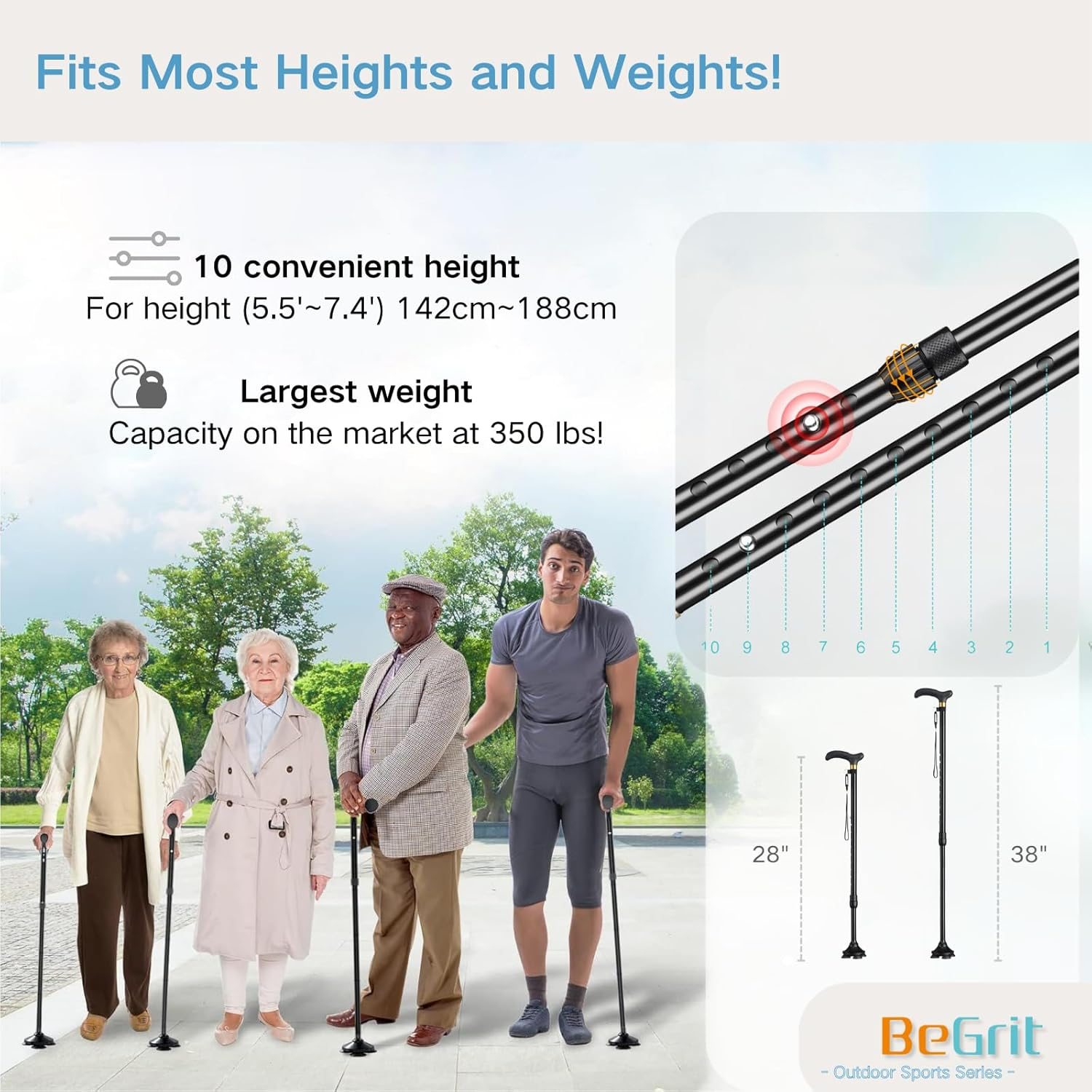 Begrit Walking Cane Black Walking Sticks- Adjustable Height for Seniors and Adults, Enhanced Stability and Support 142～188Cm - Black image number 5