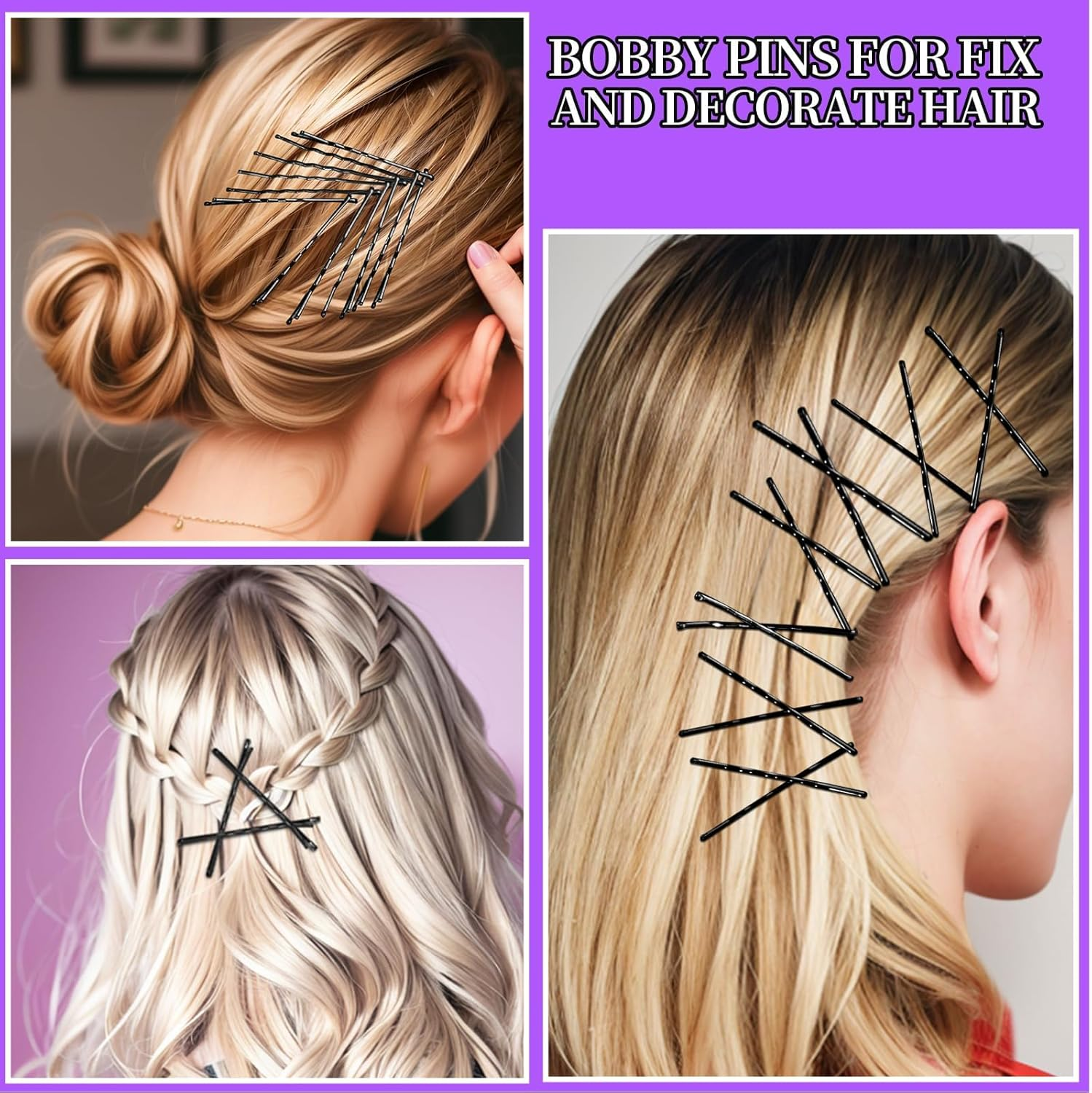 300Pcs Bobby Pins U Shaped Hair Pins Kit, 100 U Shaped Hair Pin for Women 2Inch 2.36Inch 100 Bobby Pins 2Inch, 2.75Inch and 100 Hairbands (Black) - Black image number 3