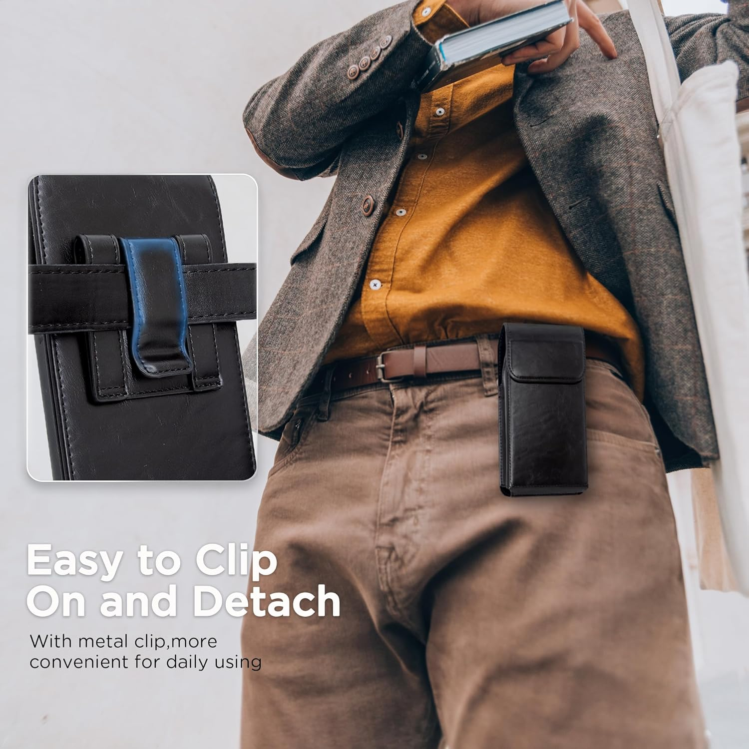 INGIDO Holster for Iphone 15, 14, 13, 12, 11, XR, Galaxy S24, S23, S22 - Premium Leather Pouch with Belt Clip Phone Case, Black - Medium image number 4