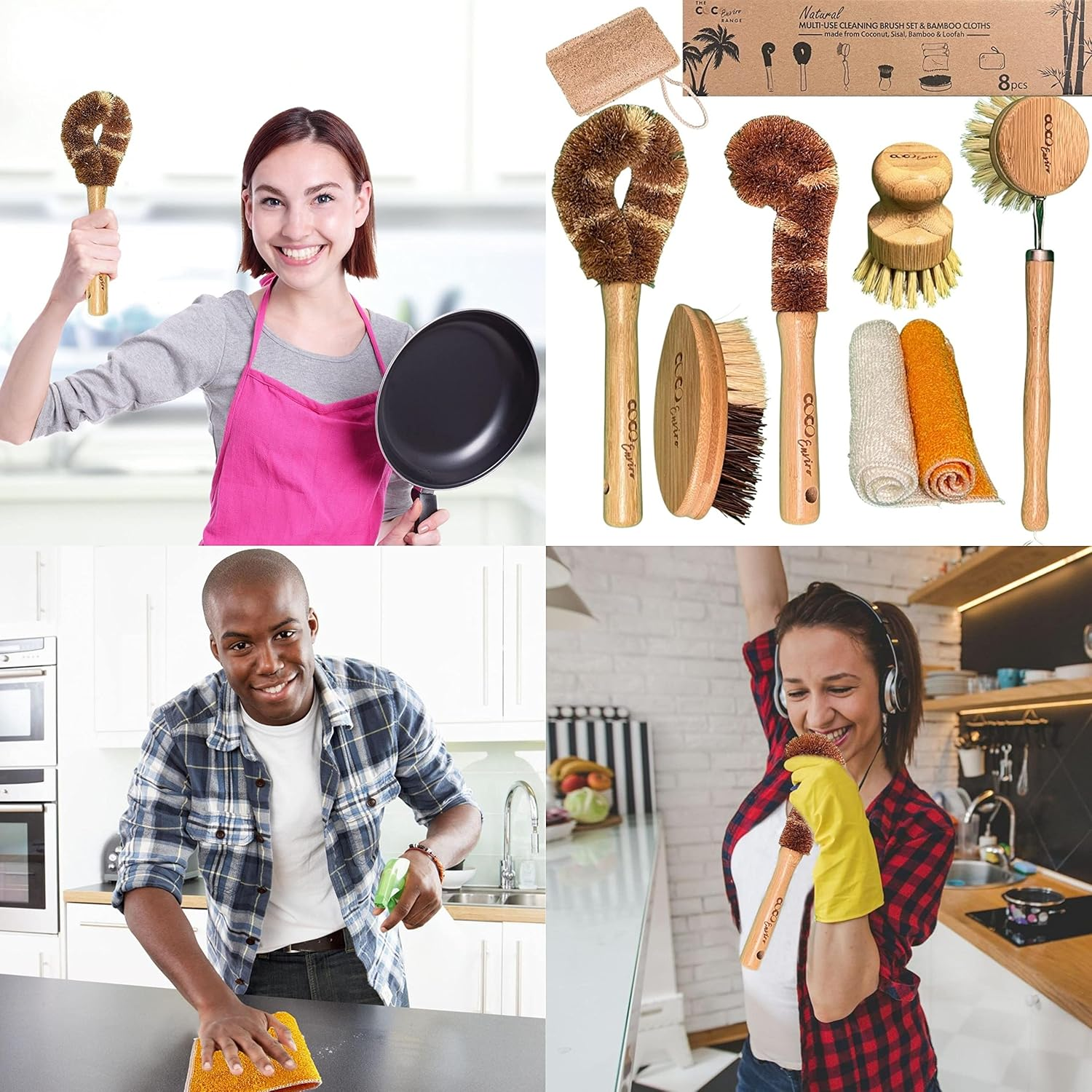 Natural Bamboo Dish Cleaning Brush Set of 8 - Eco Friendly Bottle Brush Dish Scrub - Sustainable Cleaning Tools - Zero Waste - Plastic Free Living image number 3