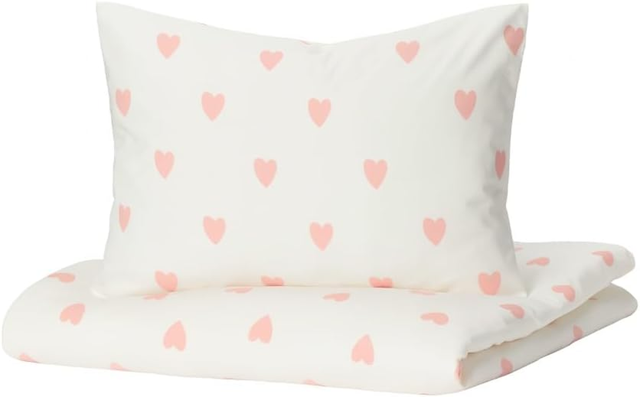 Duvet Cover & Pillow Cases: Heart Pattern Pink X White; Single Size: 59.1 X 78.7 X 23.6 Inches (150 X 200 Cm), 19.7 X 23.6 Inches (50 X 60 Cm); Gentle Cotton Material; Girly Bedding Set; Machine image number 3