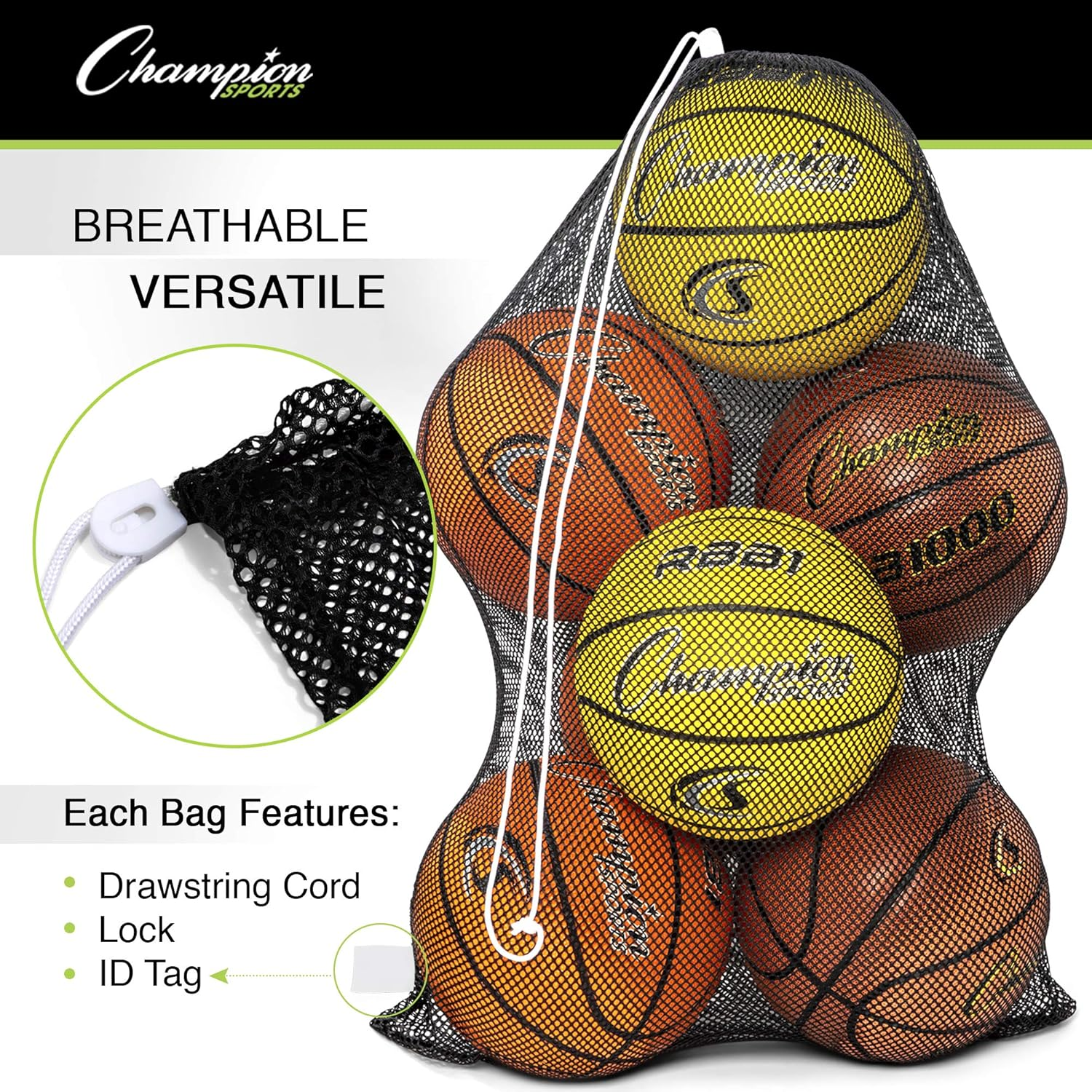 Champion Sports Mesh Equipment Bag &ndash; Heavy-Duty Nylon Drawstring Bag with Lock & ID Tag, Breathable Storage Sack for Balls, Swim Gear, Laundry & Toys, Multiple Sizes & Colors