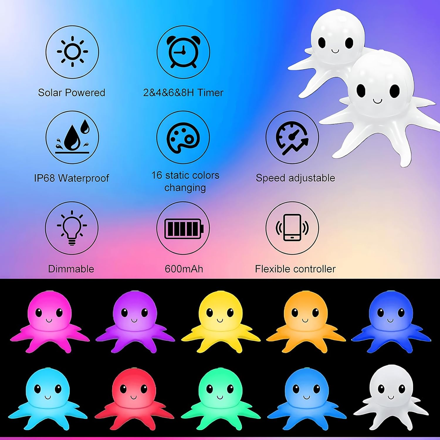 Solar Floating Pool Lights Remote Controlled, Colorful Inflatable Octopus Ball Lights, Dimmable & Timer Pool Lights, above Ground Glow Pool Balls for Party, Garden, Christmas Halloween Decor (2 Pack) image number 1