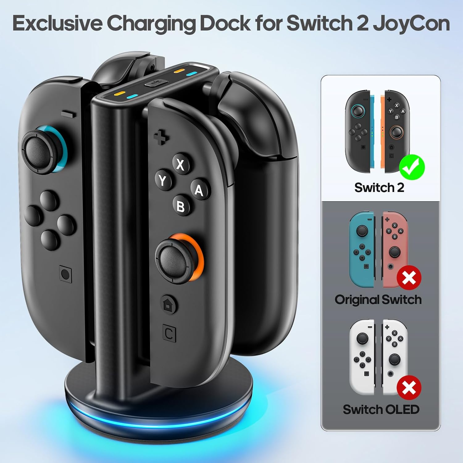 Rysker Switch 2 Controller Charger for Joy-Cons 2, Switch 2 Joycon Charger Dock for Any Direction Charging, Joycon 2 Charging Dock with 9 Light Modes for NS 2 image number 1