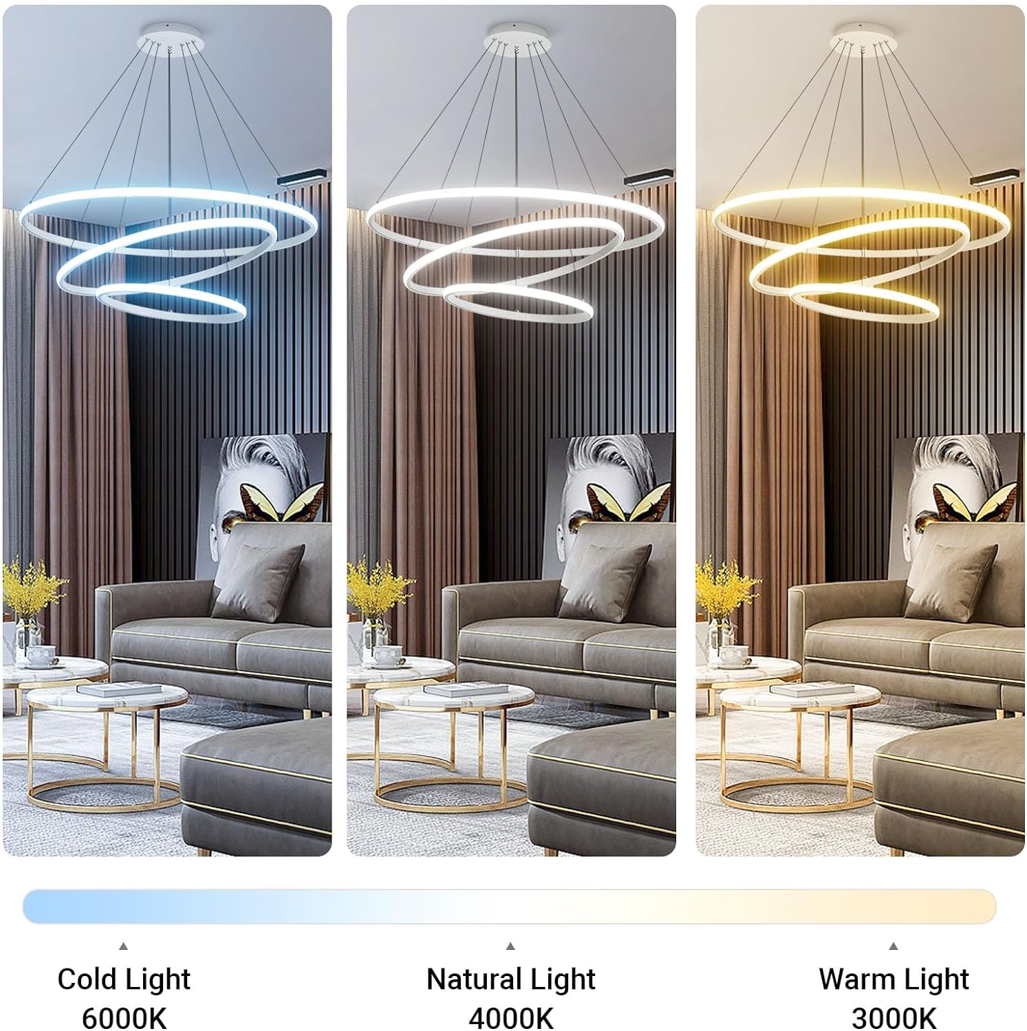 USOR Modern LED Chandelier, Dimmable Pendant Light with Remote Control Rings round Ceiling Lighting Fixture 3 Color Temperatures Contemporary Black Chandeliers for Bedroom Living Dining Room Kitchen image number 4