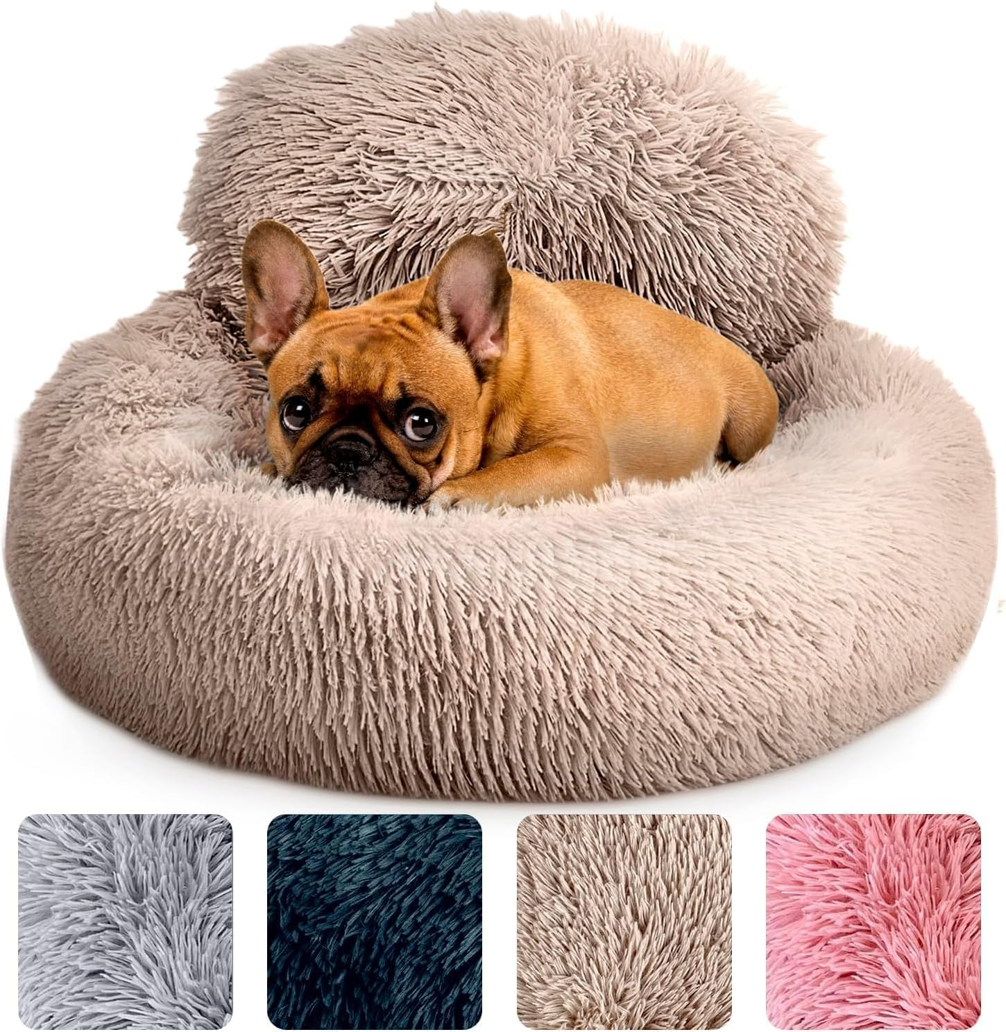 Calming Dog Bed - Donut Dog Beds for Small, Medium, Large Dogs, Washable round Dog Bed- Fluffy Plush Faux Fur Pet Bed, Anti-Anxiety Puppy Bed, 90Cm Fits up to 45Kg Pets (Dark Gray, S-60CM)