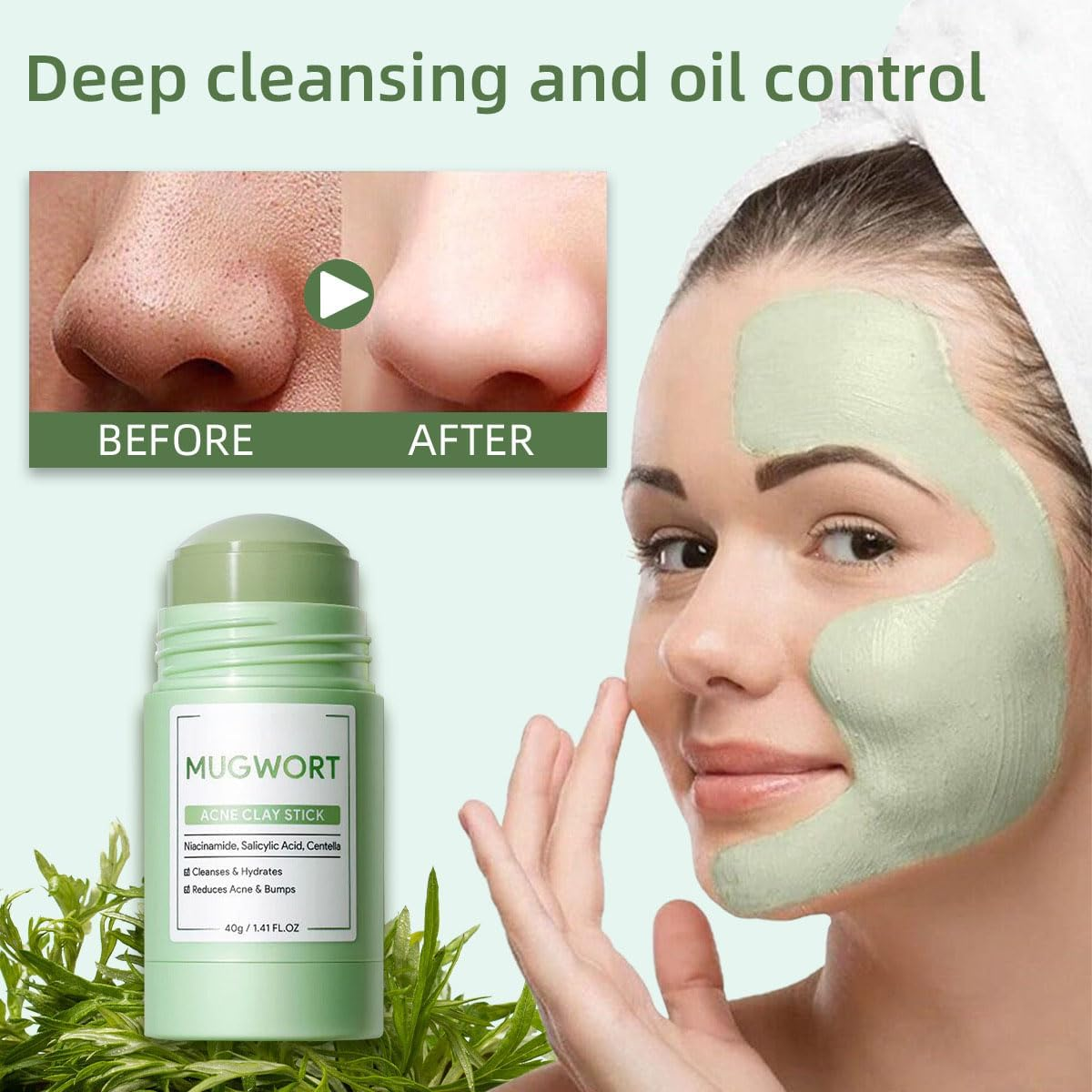 Mugwort Clay Mask Stick for Face, Deep Cleansing Blackheads & Pores, Reduces Excess Oil, Acne Treatment Mud Mask, Moisturizes & Calms Skin with Mugwort Essence, for Men & Women (1PCS) image number 6