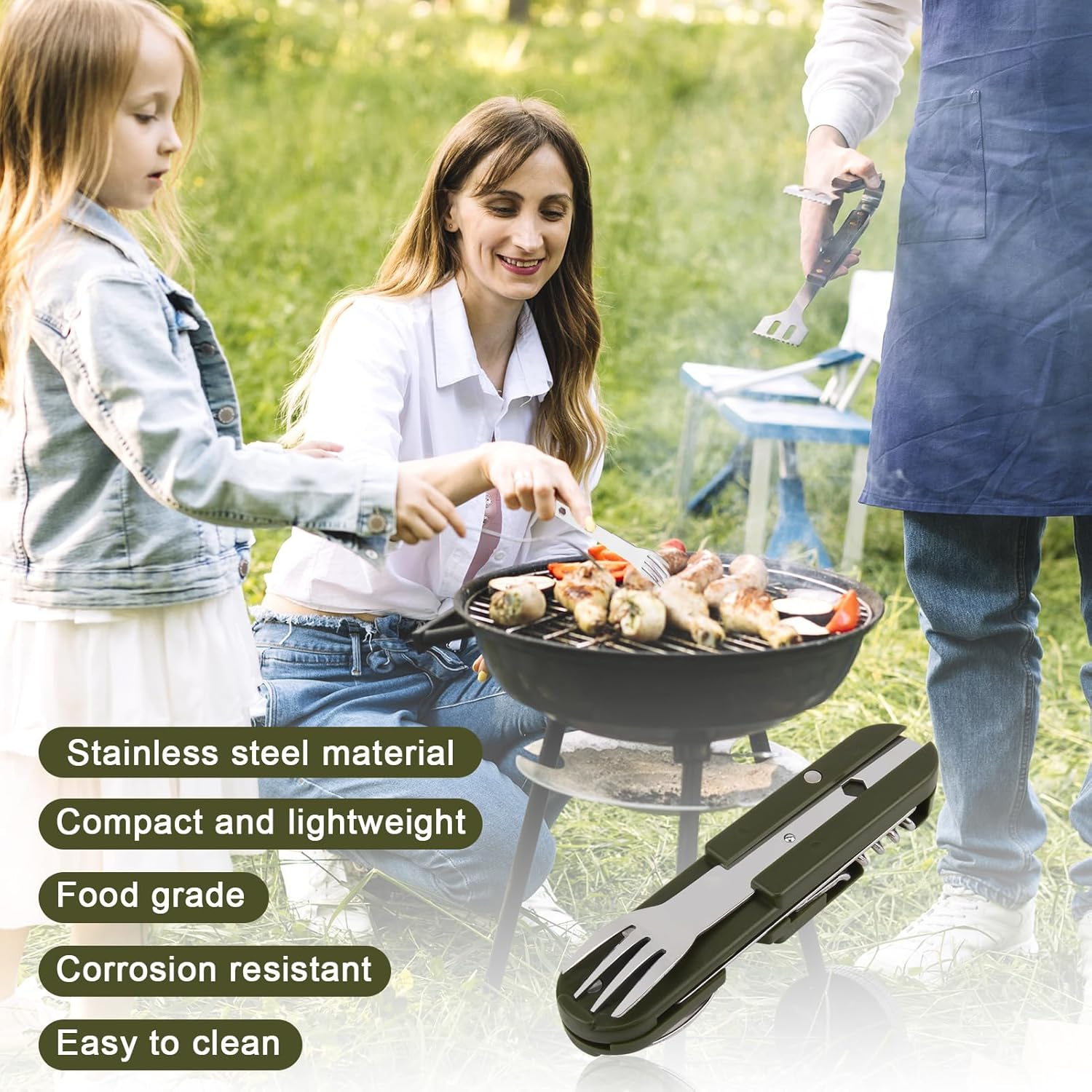 Stainless Steel Cutlery 5 in 1 Folding Cutlery Camping Cutlery Outdoor Cutlery Set with Removable Fork, Spoon, Knife, Bottle Opener, Can Opener and Carry Bag for Camping, Hiking, Picnic and Travel image number 5