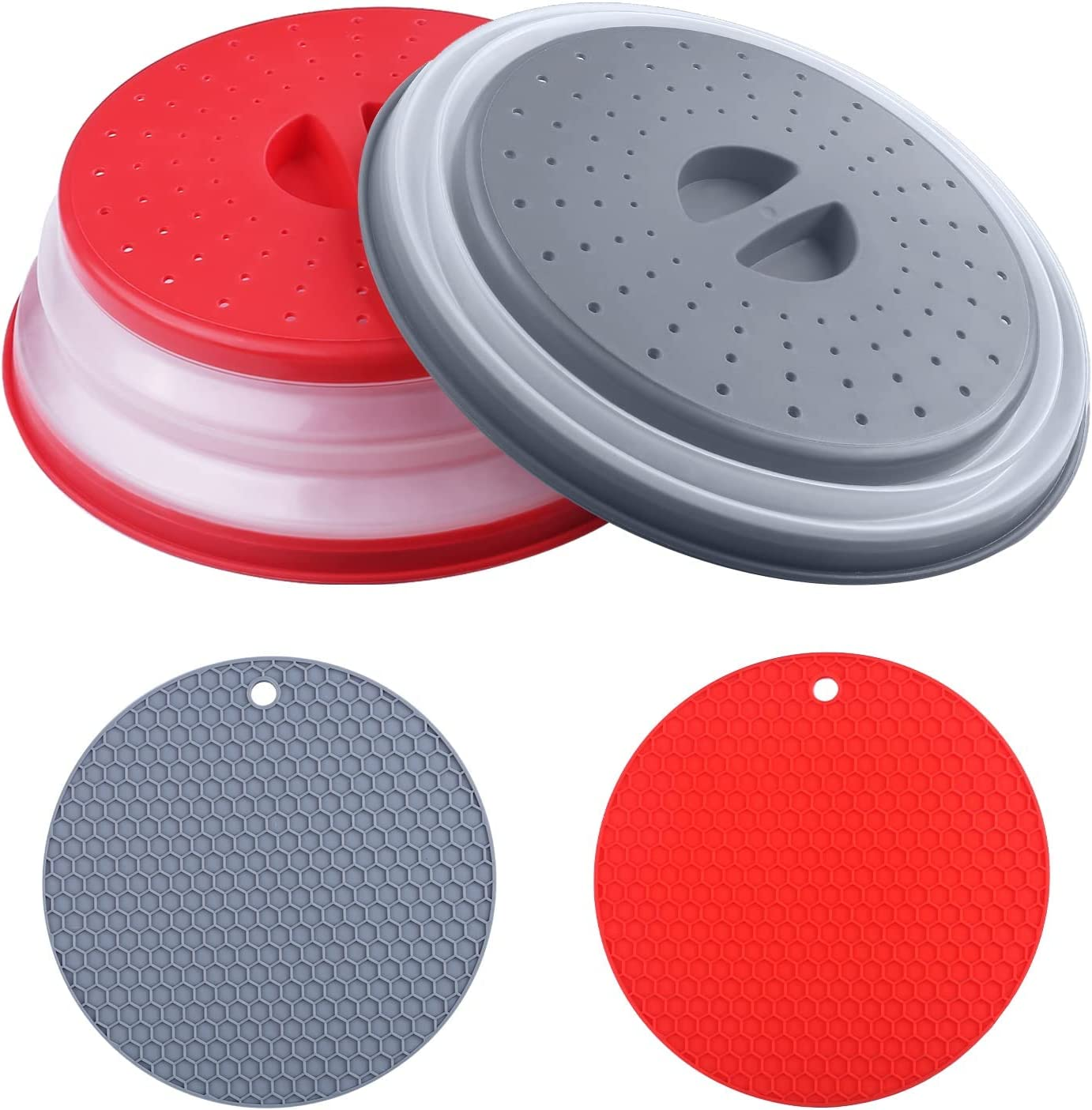 Vented Collapsible Microwave Splatter Cover,Food Cover,Colander Kitchen Gadget,Include Anti-Scald Silicone Mats,Dishwasher-Safe,Bpa-Freesilicone & Plastic（2Set Grey and Red) image number 4