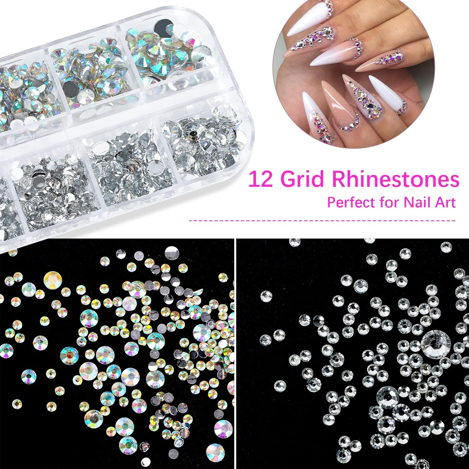 Canvalite Rhinestones 1500PCS in 6 Sizes Flat Back Nail Gems, Crystal AB Rhinestones Nail Art Gems with Pick up Tweezers and Rhinestone Picker Dotting Pen, Nail Rhinestones for Nails, Makeup, Clothes, Face, Craft By - 15 Mix Colors image number 5