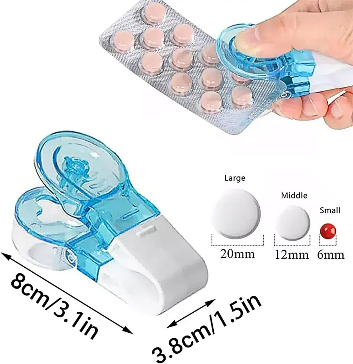 AIMALL 2Pcs Portable Pill Blister Pack Opener Tablet Popper Tool for Seniors Ergonomic Non-Slip Pill Taker for 20Mm Tablets Blue & White 3.1In X 1.5In image number 3