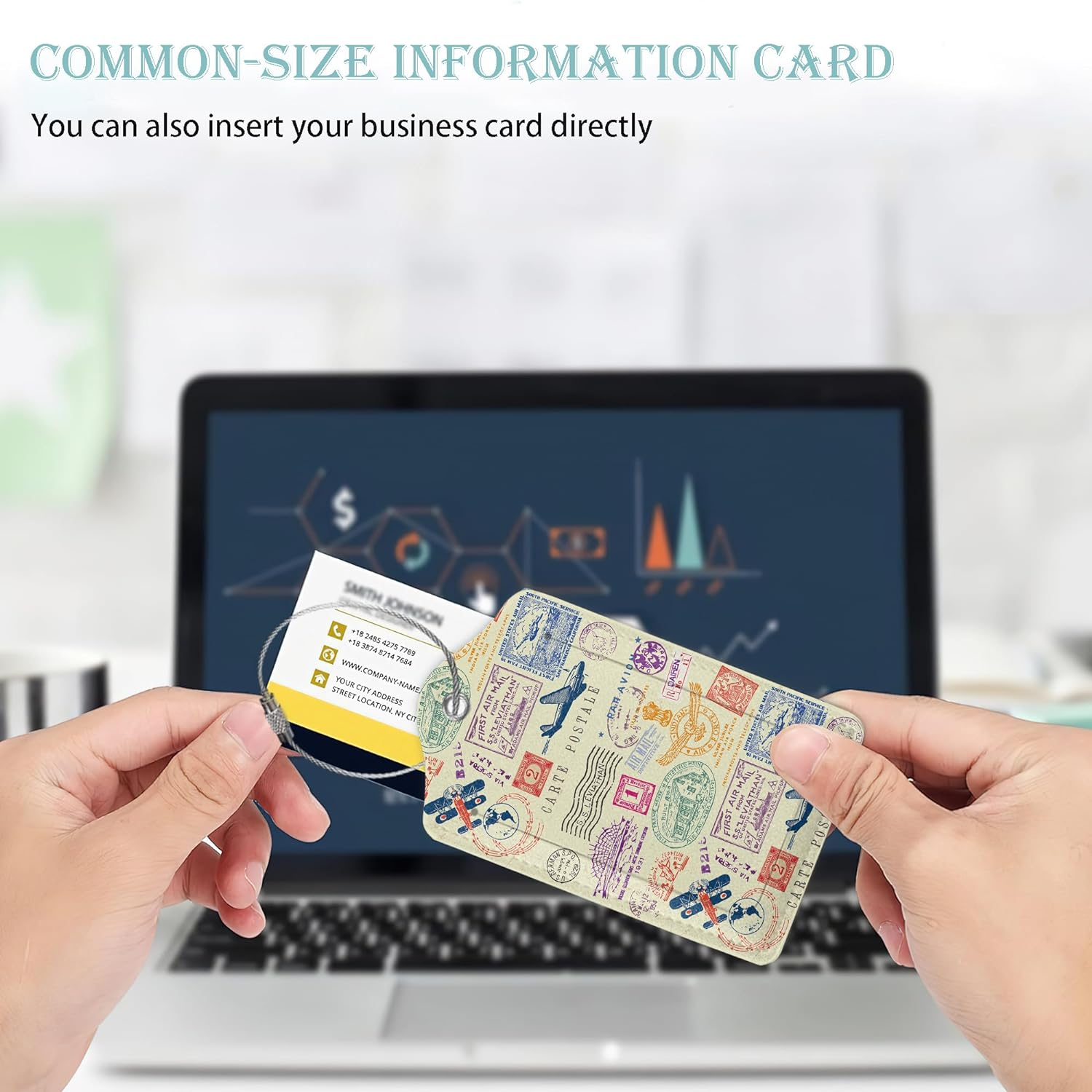 Travel Stamp Luggage Tags for Suitcase,2 Pack Retro Passport Carte Postale Luggage Tag Leather Privacy Cover ID Label with Stainless Steel Loop for Women Men Kids Girls image number 2