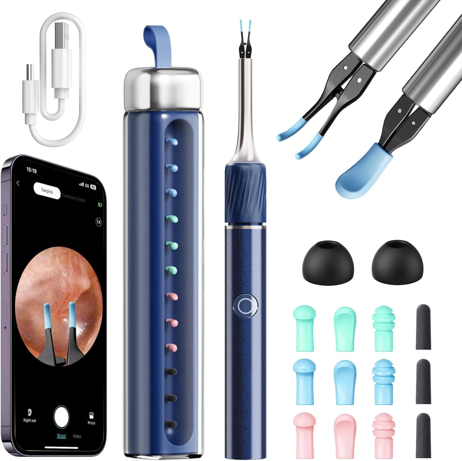 Qimic Ear Cleaner Camera with Tweezers - 1080P Ear Wax Removal with Light and Camera, IP67 Ear Camera with Storage Box, Earwax Removal Kit with 12 Colorful Silicone Tips for Iphone,Android(Blue)