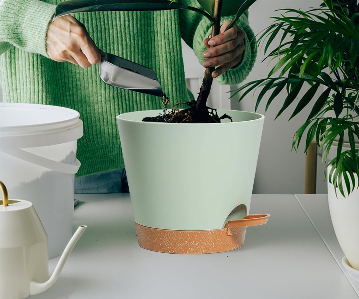 12Inch/2Pcs Self Watering Green Plastic Plant Pot Flower Planters with Drainage Hole and Deep Reservoir Large Planting Pots for for All Houseplants,Succulent, African Violets, Flowers and Cactus image number 6