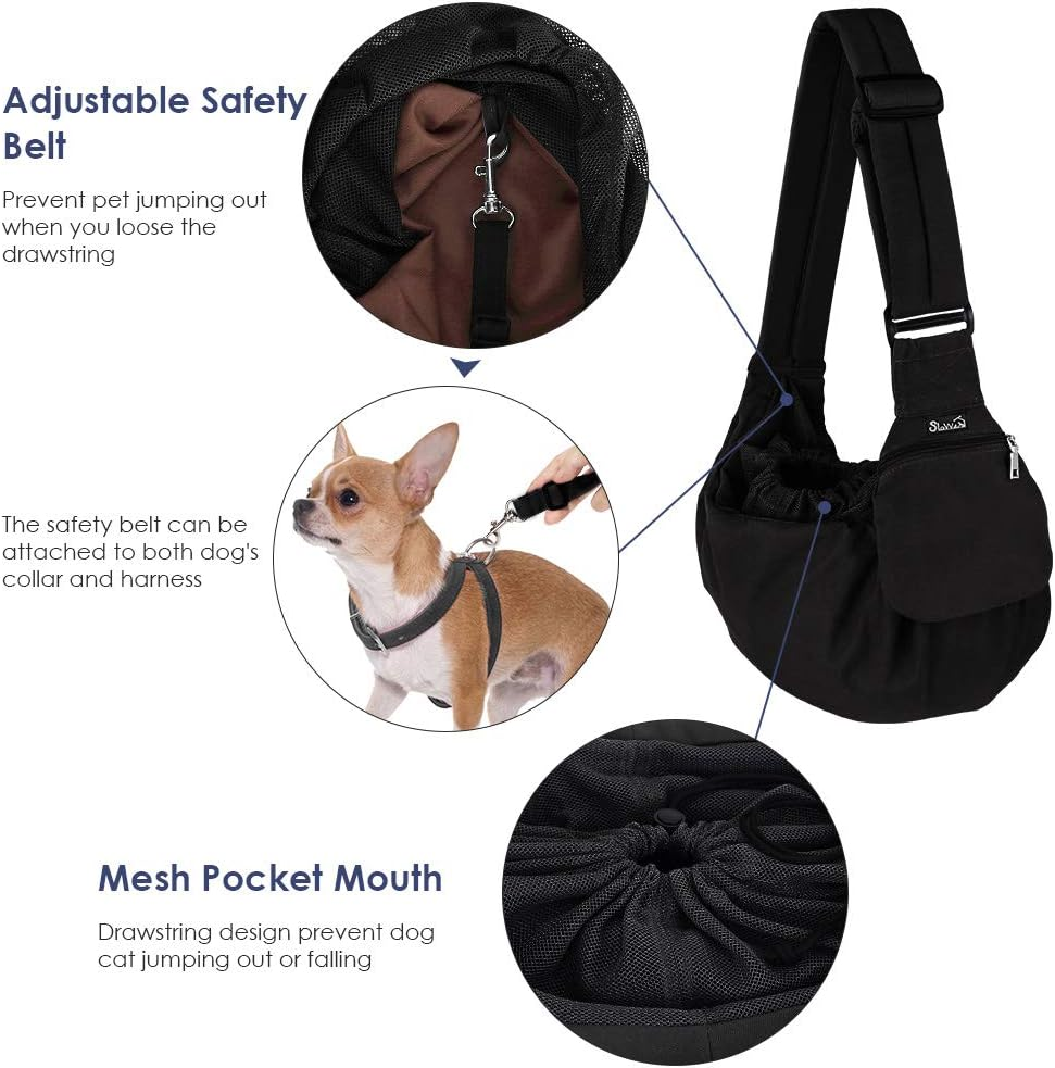 Lukovee Pet Sling Carrier, Dog Papoose Hand Free Puppy Cat Carry Bag with Bottom Supported Adjustable Padded Shoulder Strap and Bag Opening Front Zipper Pocket Safety Belt for Small Dogs (Black) - Black image number 6